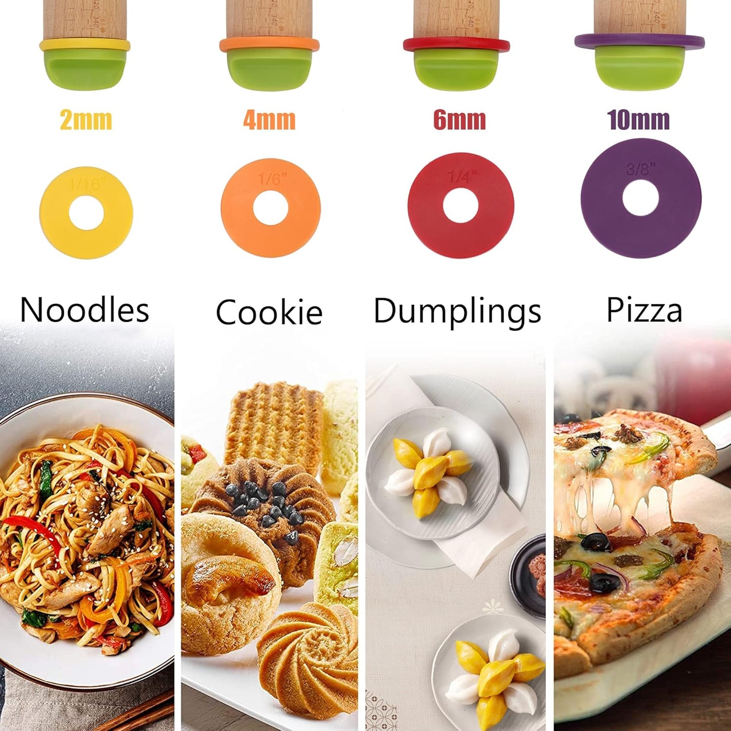 Rolling Pin with Thickness Rings and Pastry Baking Mat, 13.6" Adjustable Wooden Rolling Pin Dough Roller for Baking Cookie Pizza, Comes with Large Silicone Pastry Mat and Wooden Stand