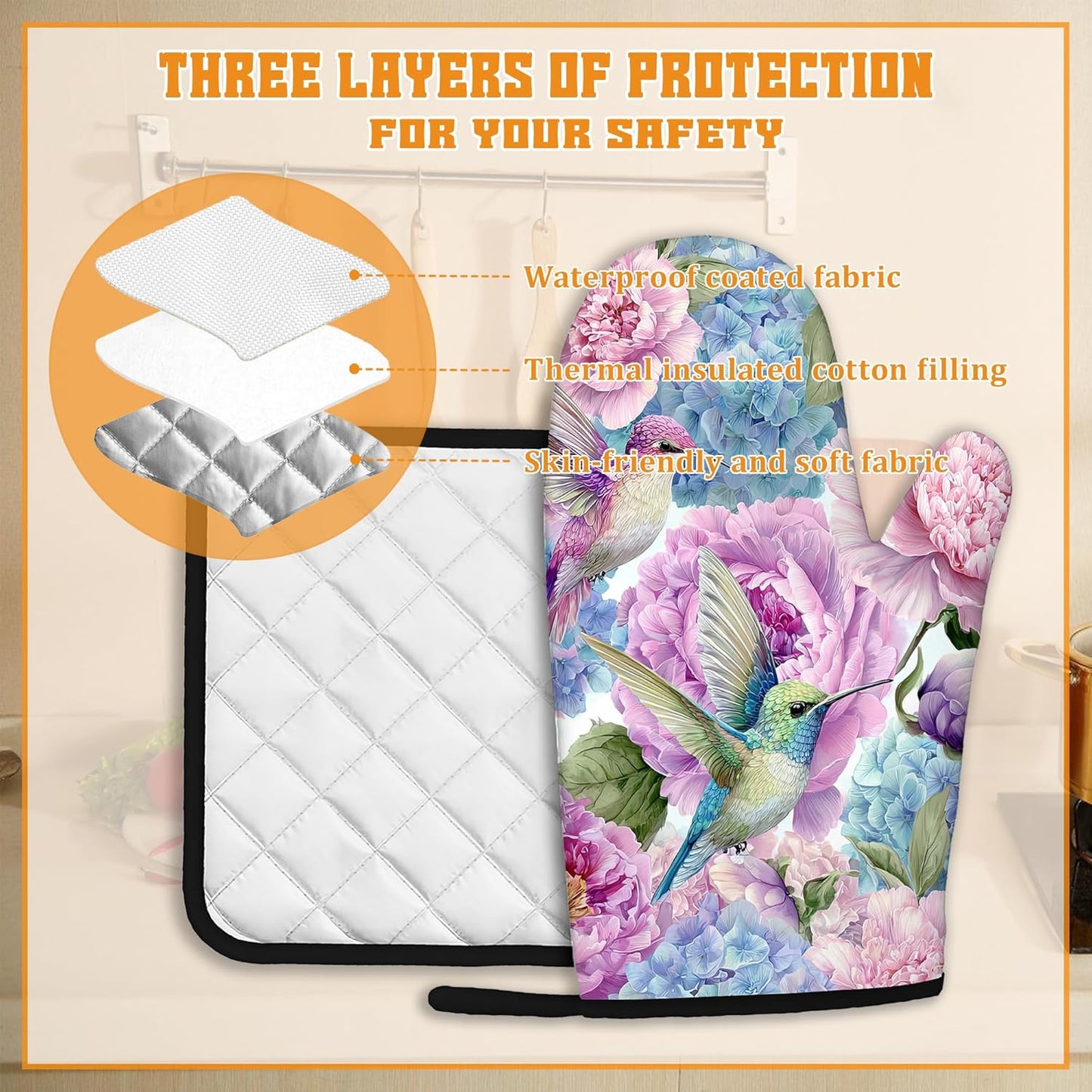 Hummingbird Oven Mitts and Pot Holders Set,Pink Flower Floral Kitchen Decor Heat Resistant Non Slip Hot Pads and Oven Mitt for Chef Cooking Baking BBQ Mom Girl Gifts(4 Piece Set)