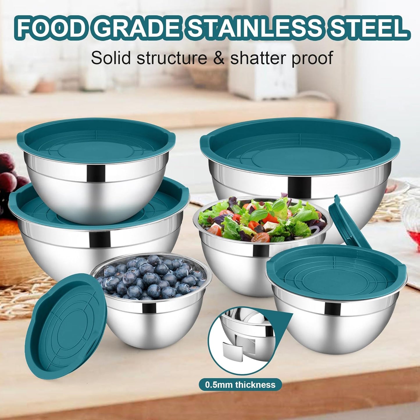 LIANYU 6 Piece Stainless Steel Mixing Bowls, Large Metal Bowls with Airtight Lids Set, 7 & 3.5 & 2.5 QT 2 & 1.5 & 1QT, Kitchen Nesting Bowls for Cooking Prepping Food Storage, Dishwasher Safe, Blue