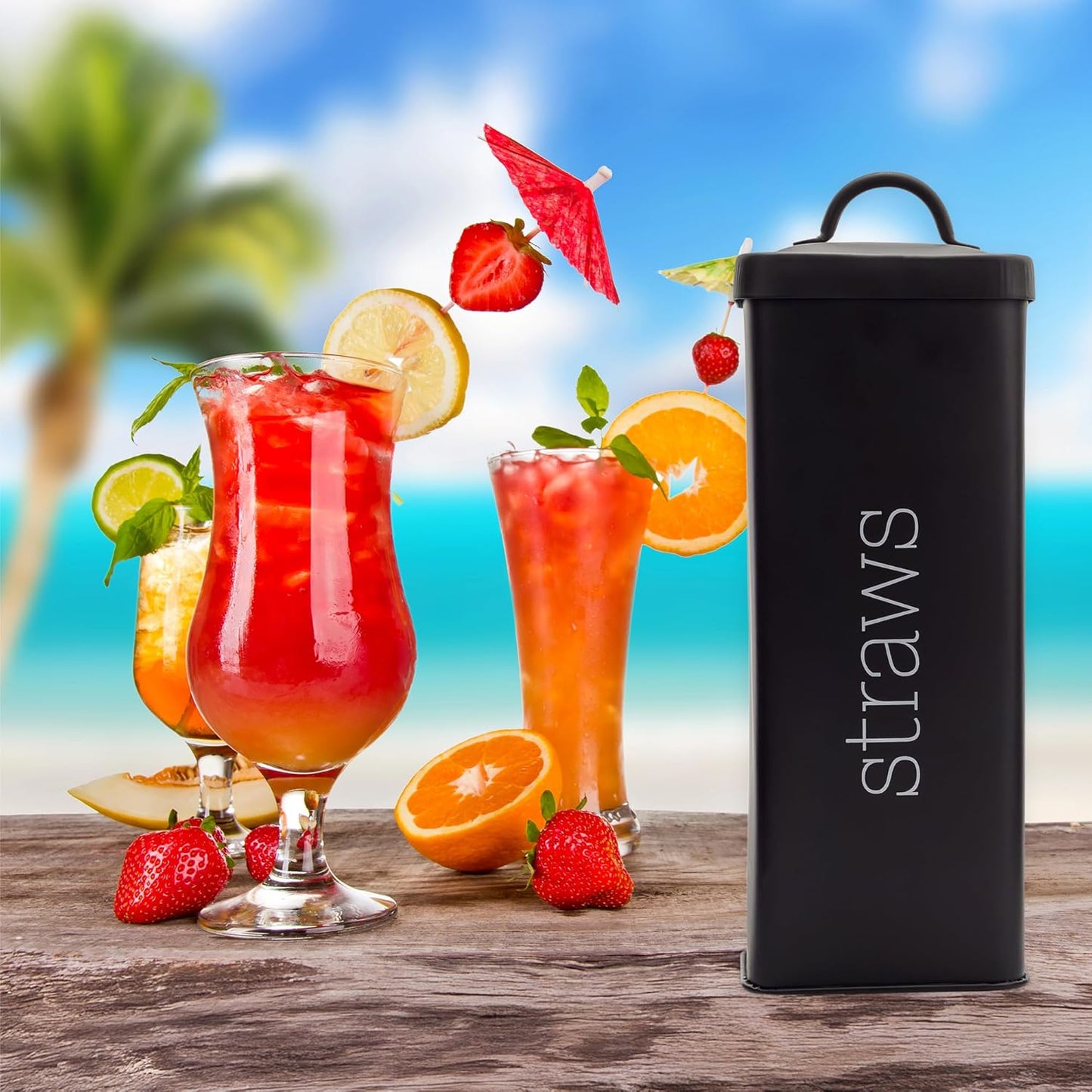 AuldHome Design Farmhouse Enamelware Straw Holder (Black); Retro Metal Straw Storage Canister