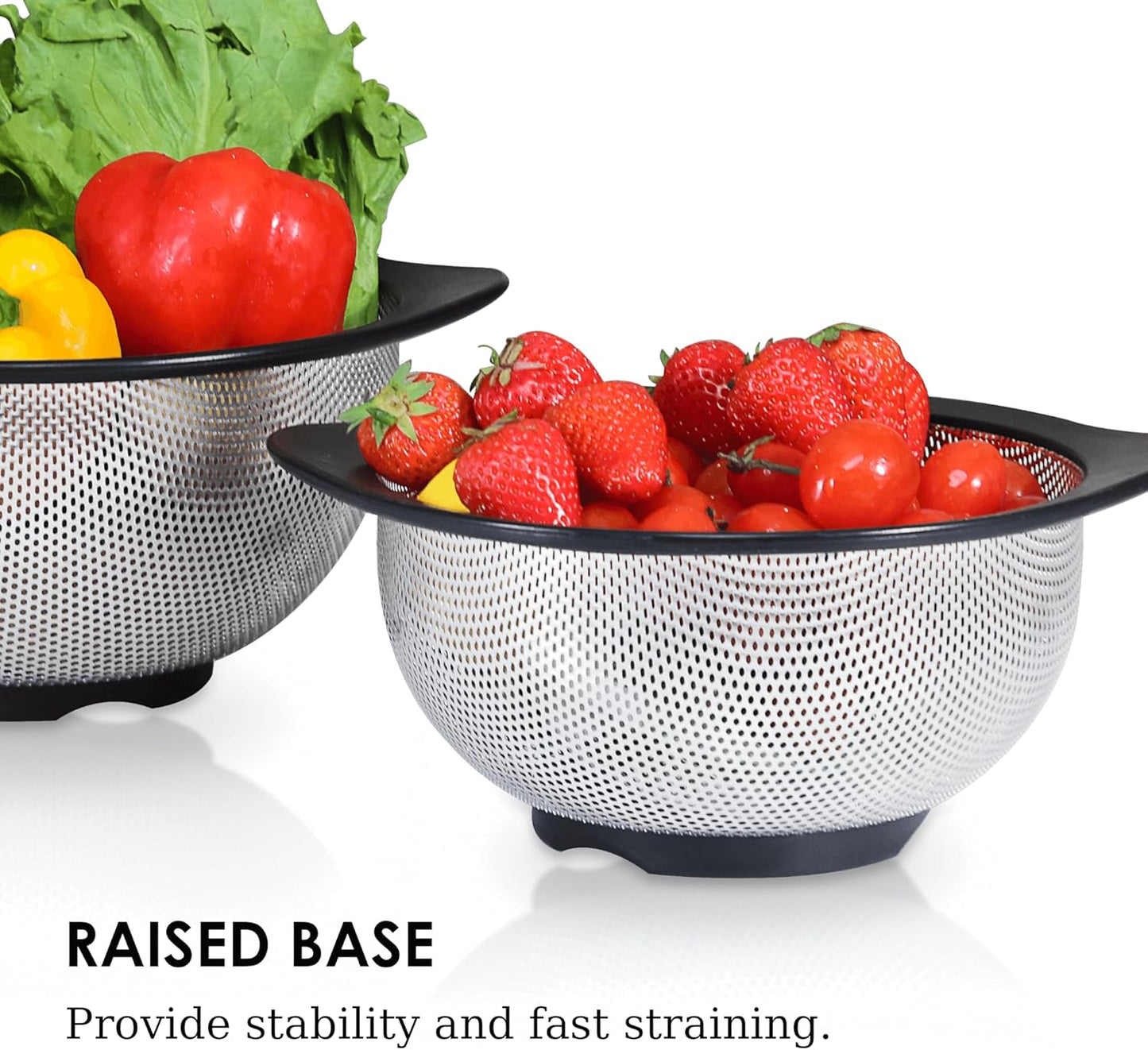 Rorence Stainless Steel Colanders Set for Kitchen - 2.5 and 4.3 Quart Capacities Kitchen Strainer Set of 2 with Black Non-Slip Handles