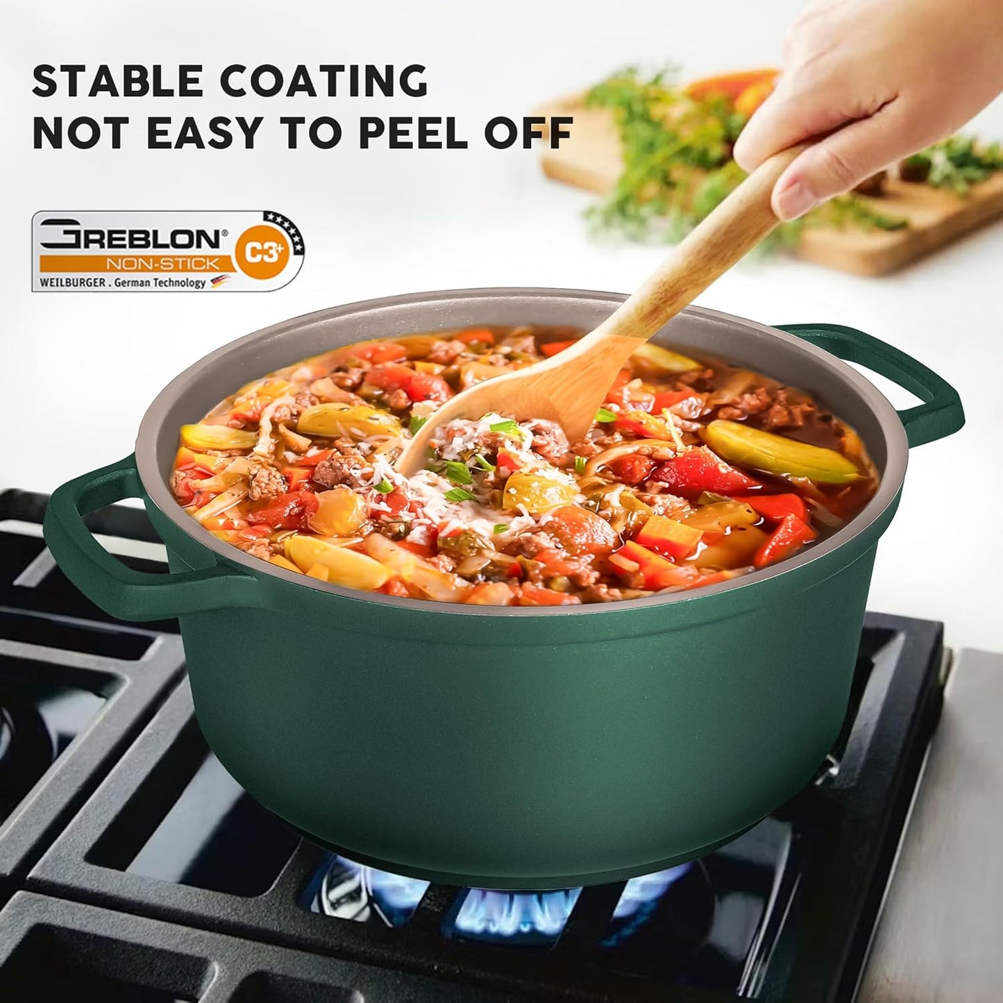 Large Dutch Oven Pot with Lid-7.5QT Cast Aluminum Oven Pot with Two Handles Lightweight for Bread Baking Braising and Roasting(Green)