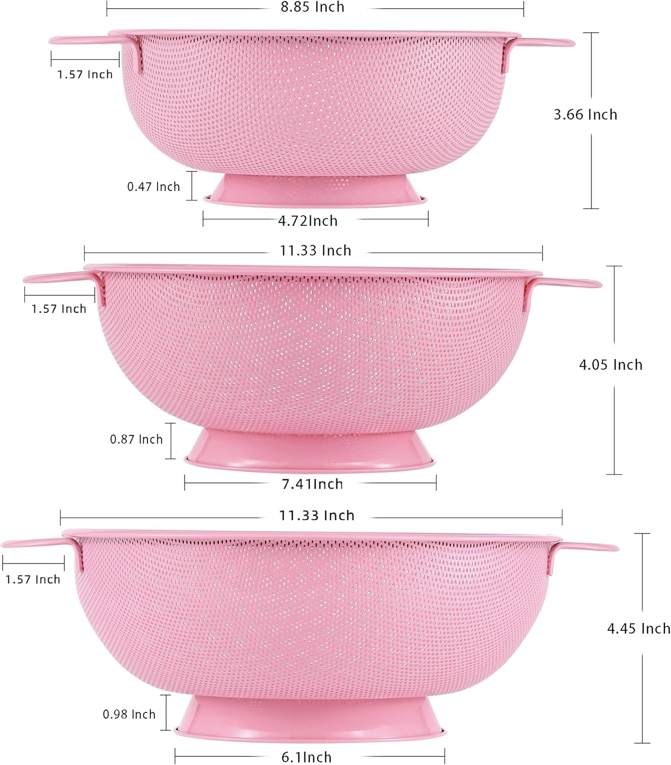 Stainless Steel Colander 3 Piece,Metal Strainer Basket with Solid Base and Handles for Kitchen Food,Pasta, Noodles, Vegetables and Fruits,Powder Coated,BPA Free,Dishwasher Safe,2 & 3 & 4.5 Qt (Pink)