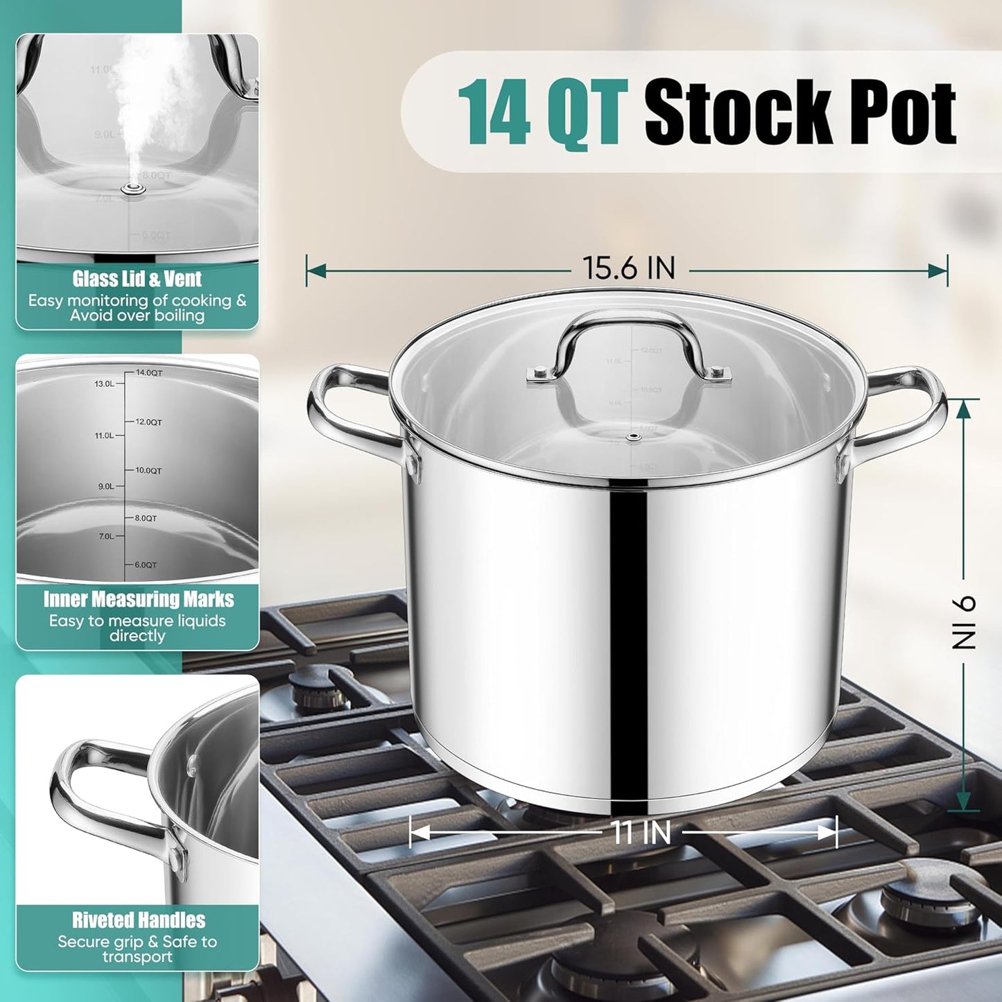 E-far 14 Quart Stainless Steel Stock Pot, Heavy Duty Induction Stockpot with Glass Lid for Cooking Soup Canning, Thick Tri-Ply Bottom & Riveted Handles, Compatible with All Stoves, Dishwasher Safe