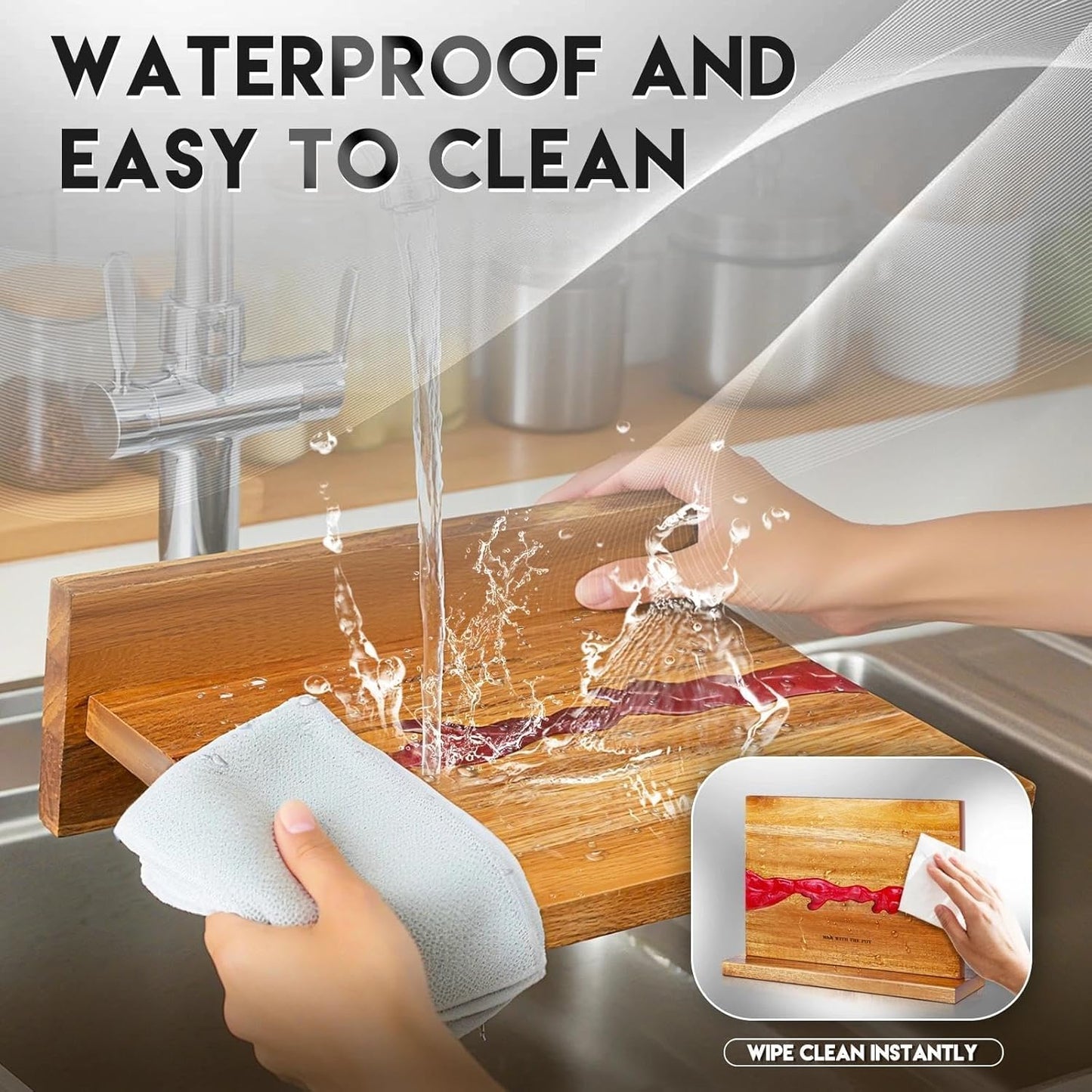 MEN WITH THE POT 13 x 10 Inches Magnetic Knife Block, Double Sided Powerful Wood & Red Flow Pattern Magnetic Kitchen Knife Holder Stand, Knife Storage Organizer for Kitchen Counter (Without Knives)