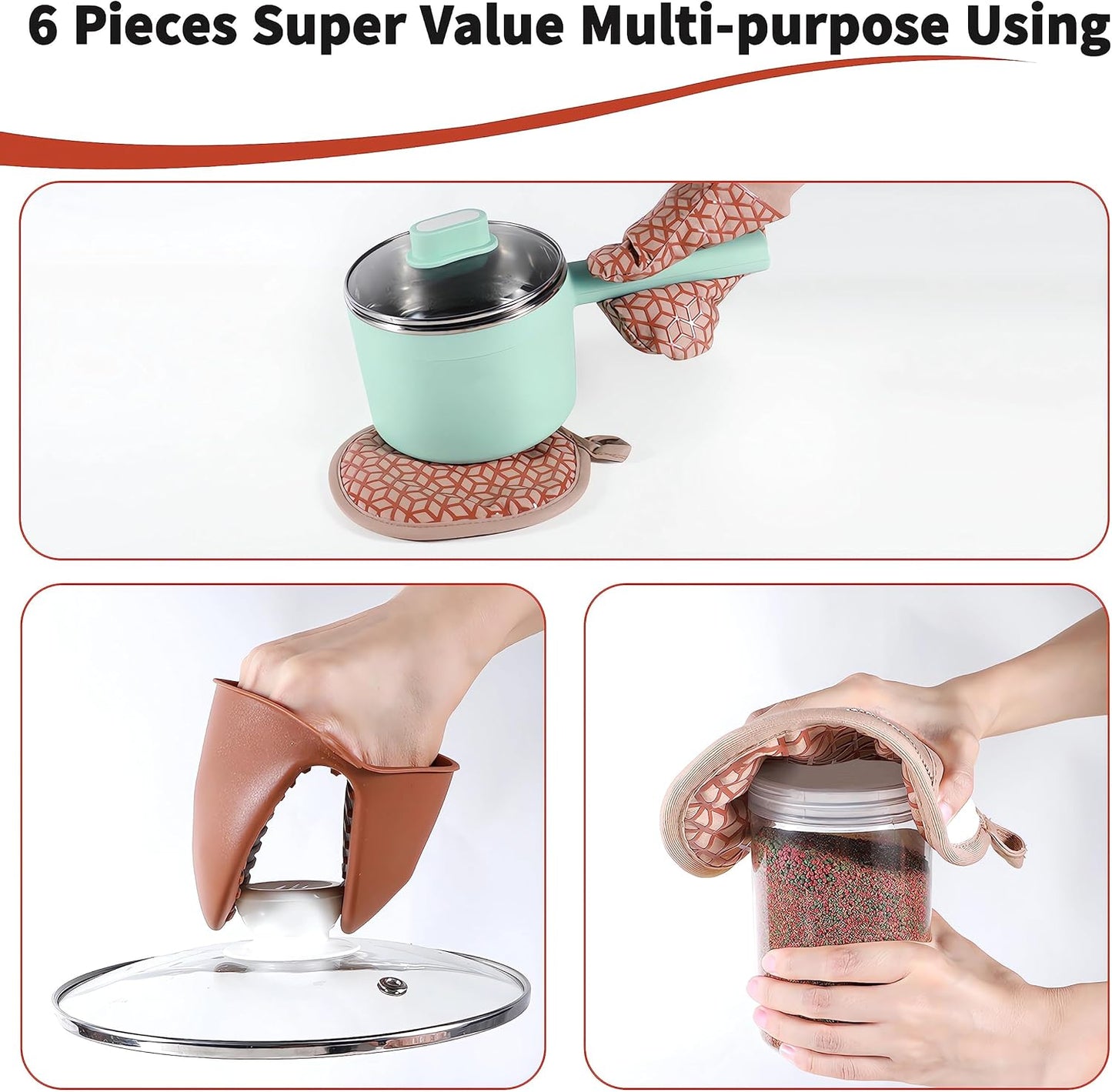 Oven Mitts And Pot Holders Set 6Pcs,Kitchen Oven Glove,High Heat Resistant 500°F Large Size Oven Mits And Potholders With Soft Cotton Lining And Non-Slip Silicone Surface For Cooking (Brown)