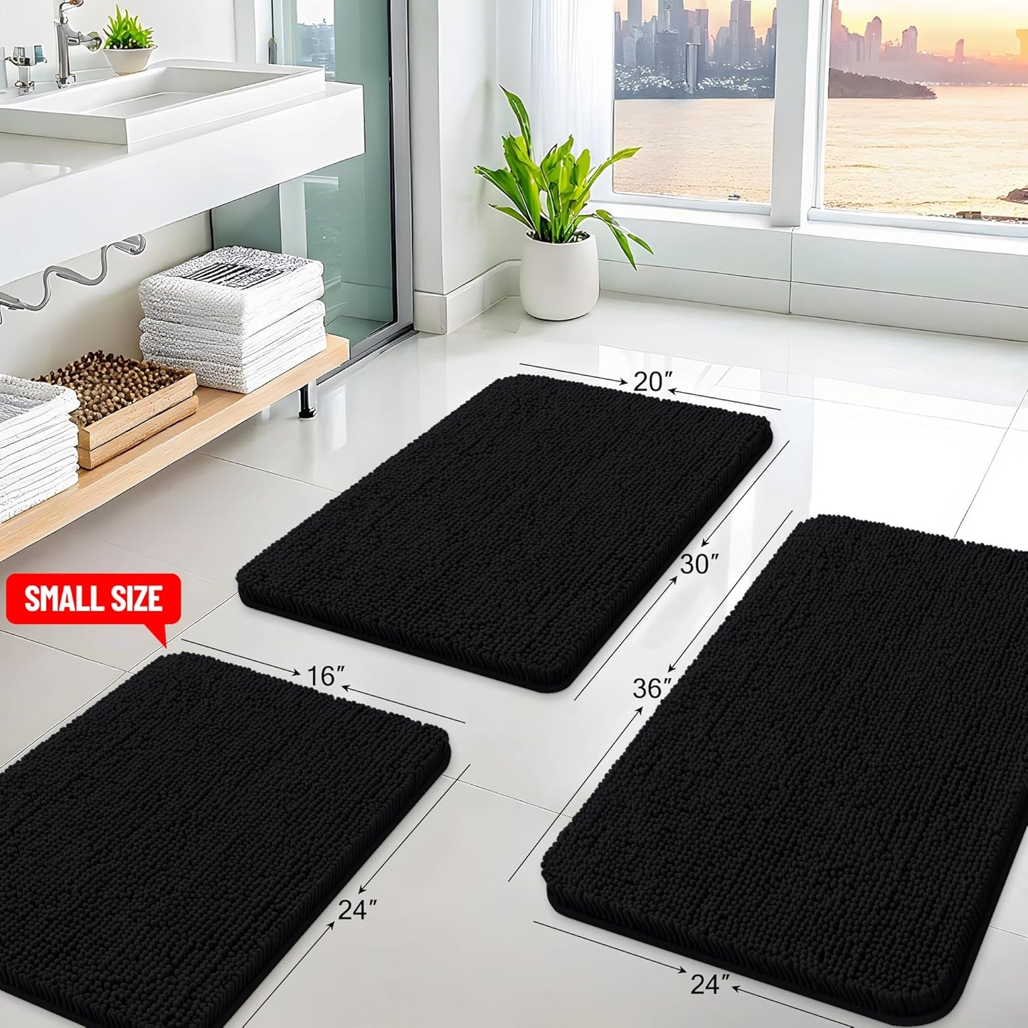 Arotive Bathroom Rugs 47x32, Extra Soft Absorbent Shaggy Chenille Bath Rugs, Machine Washable Rubber Backing Non-Slip Bath Mats for Bathroom Floor Tub and Shower, Home Decor Accessories, Black
