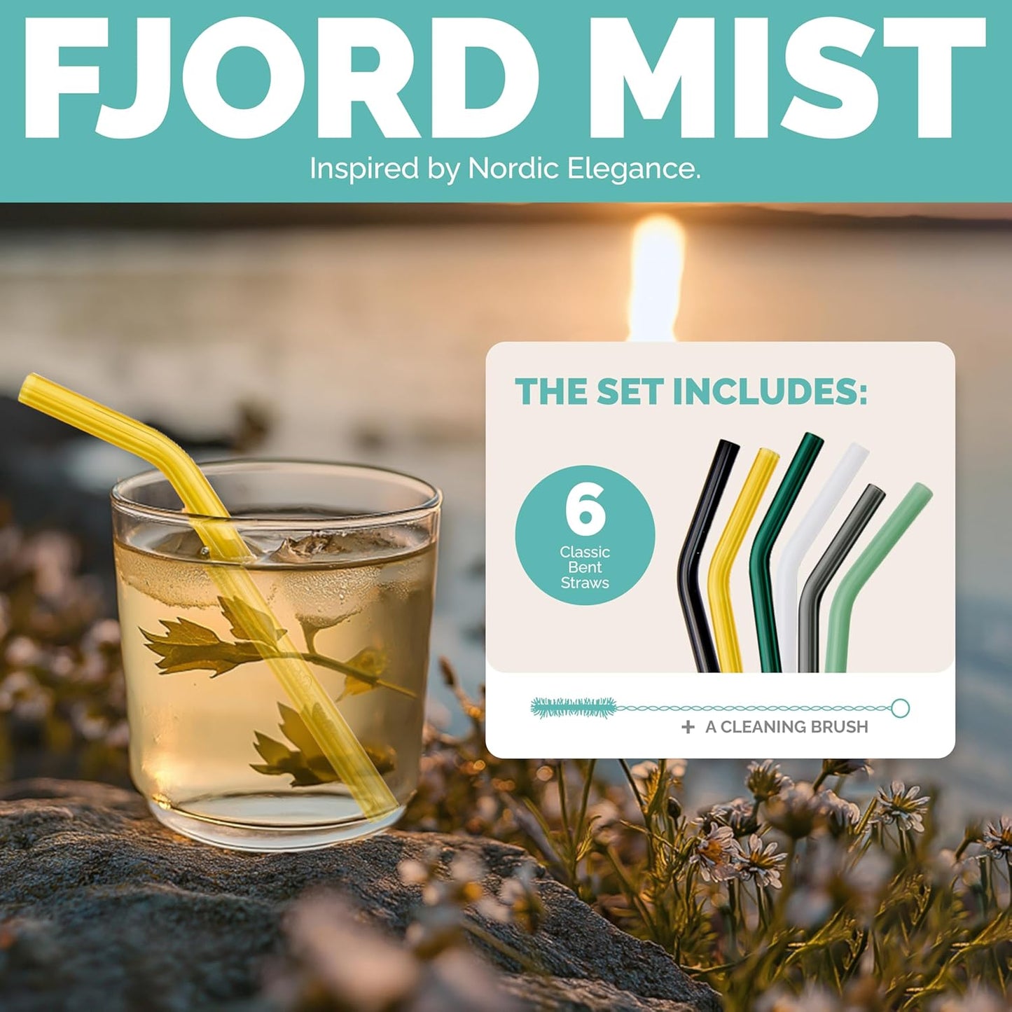 Simply Straws 6 Inch Glass Straws Bent (6-Pack) – Reusable Glass Straws for Low Balls & Stemless Glasses, with Cleaning Brush – Dishwasher Safe, Hot & Cold Use, BPA-Free (Fjord Mist)