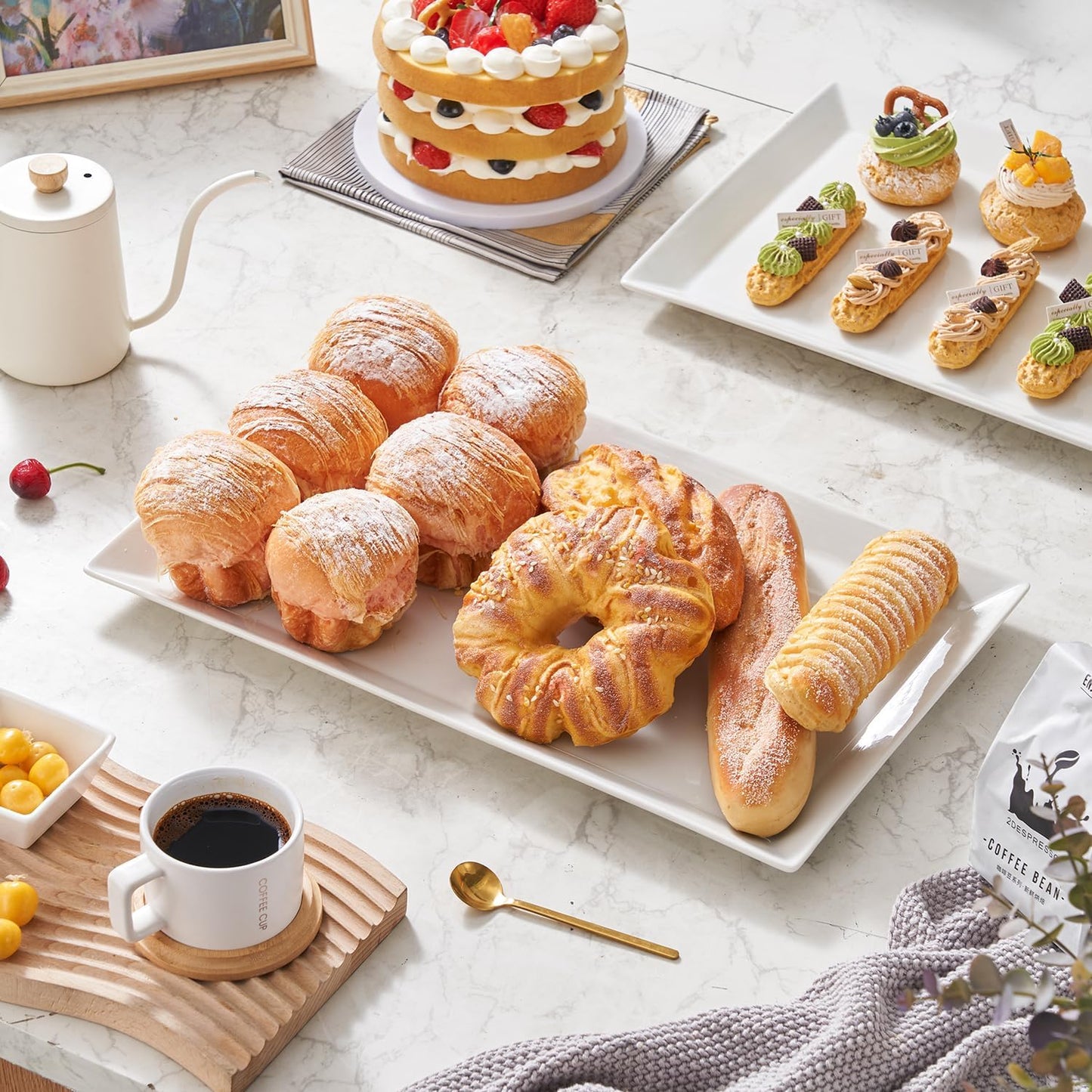 MIECOO Large Serving Platters, 18.5" x 11.5" White Serving Trays Set, Rectangular Porcelain Plates for Party, Wedding, Birthday, Entertaining, Food, Appetizer, Fruit, Sushi, Dessert, Set of 2