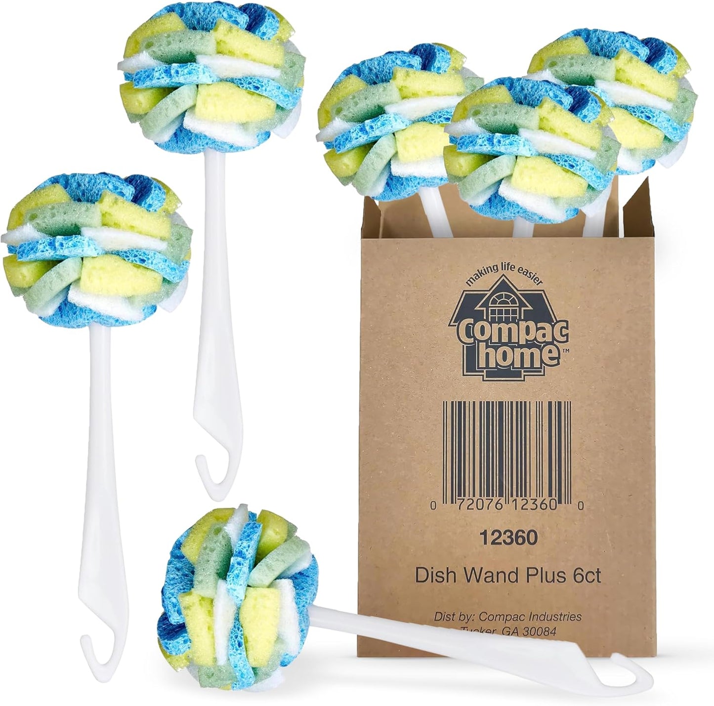 Compac Home Dish SpongeWand Plus Tri Surface Scrubbing Sponge with Cello Foam Scour Sponge Petals, Cleans Dishes, Glassware 360 Scrubber Pads for Tough to Clean Pots Pans, Multi-Color, (Pack of 6)