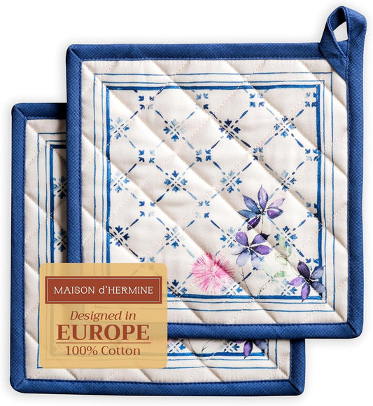 Maison d' Hermine Pot Holders Set 100% Cotton Heat Resistant Potholders 8" x 8" Hot Pads with Loop BBQ, Cooking, Baking, Grilling, Kitchen, Handling Hot Pans Spring/Summer (Pack of 2, Faience)