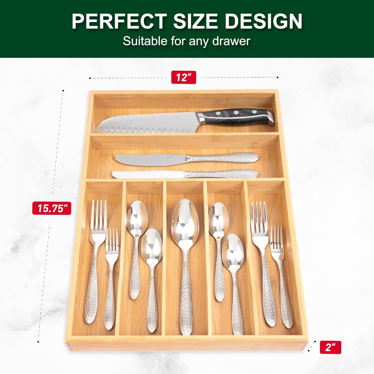 Bellsal Natural Utensil Organizer 12.5 Inch Silverware Organizer for Drawer Utensil Holder Cutlery Organizer Kitchen Drawer Organizer 7 Compartment Small Narrow Bamboo
