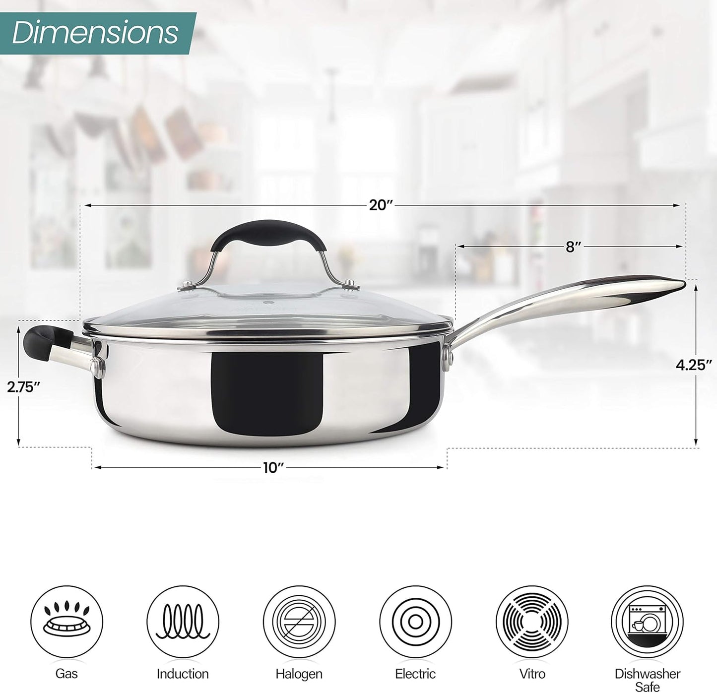 AVACRAFT 18/10 Tri-Ply Stainless Steel Saute Pan with Lid, Helper Handle, Induction & Stovetop, Versatile Stainless Steel Skillet, Cookware (3.5 Quarts)