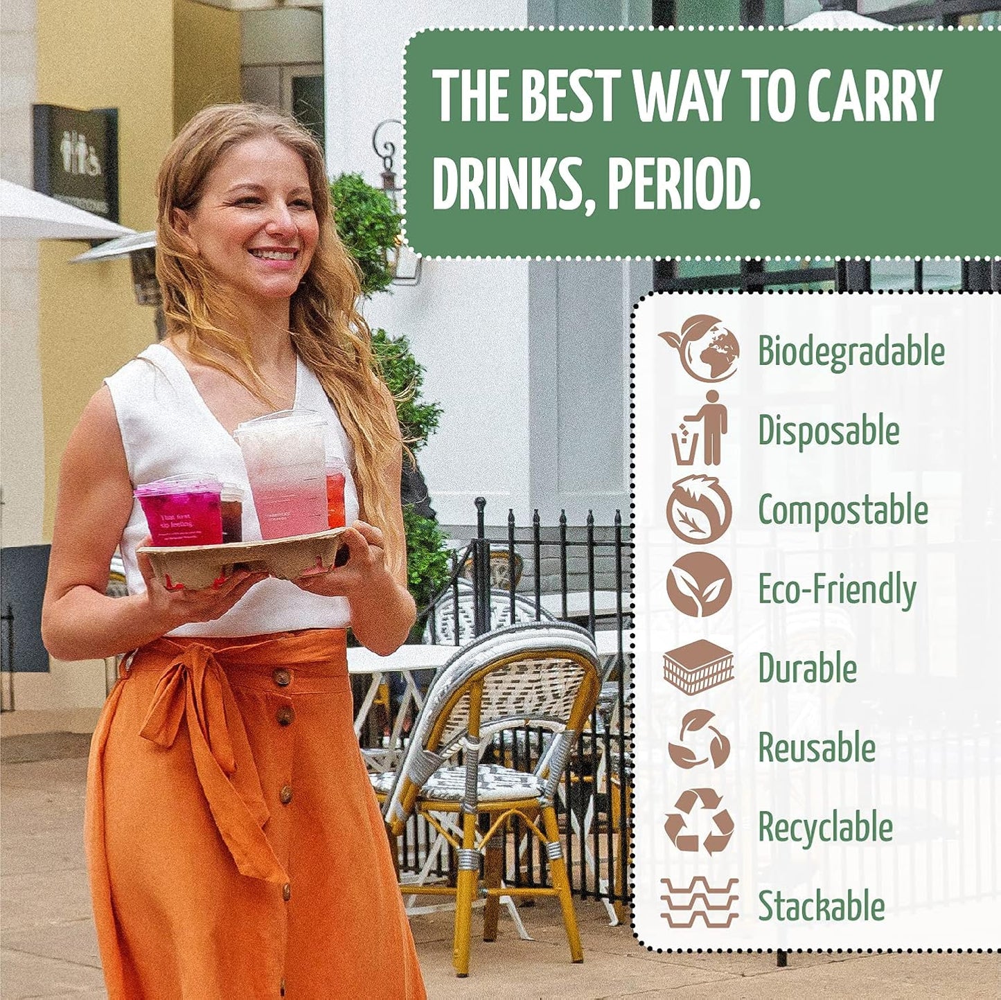 4 Cup Carrier Tray (50-Pack), No-Spill, No-Mess Disposable Holder, Biodegradable, Eco-Friendly for Delivery of Hot or Cold Drinks, Ideal To Go Carrier for Car Food Delivery