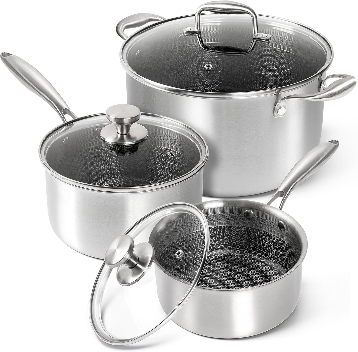 MICHELANGELO 6 Pcs Tri-ply Stainless Steel Pot Set, 2QT & 3QT & 8QT Pot with Lids, Nonstick HoneyComb Interior Cooking Pot Set, Compatible with All Cooktops, Oven & Dishwasher Safe