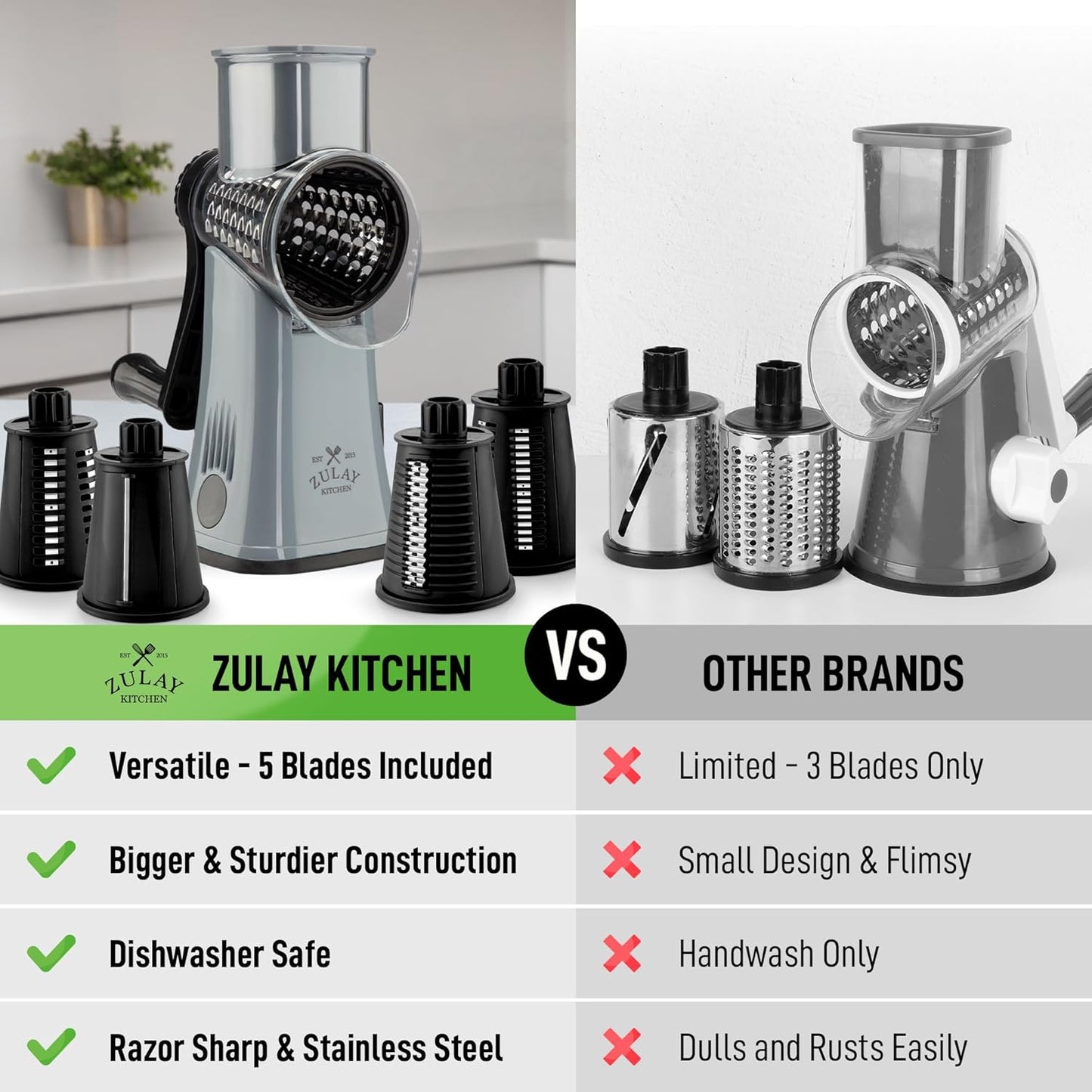 Zulay Kitchen Rotary Cheese Grater 5 Blade Cheese Shredder - Manual Hand Crank Cheese Grater With Reinforced Suction & 5 Interchangeable Drums - Easy to Use, Vegetable Chopper Round Mandoline Slicer