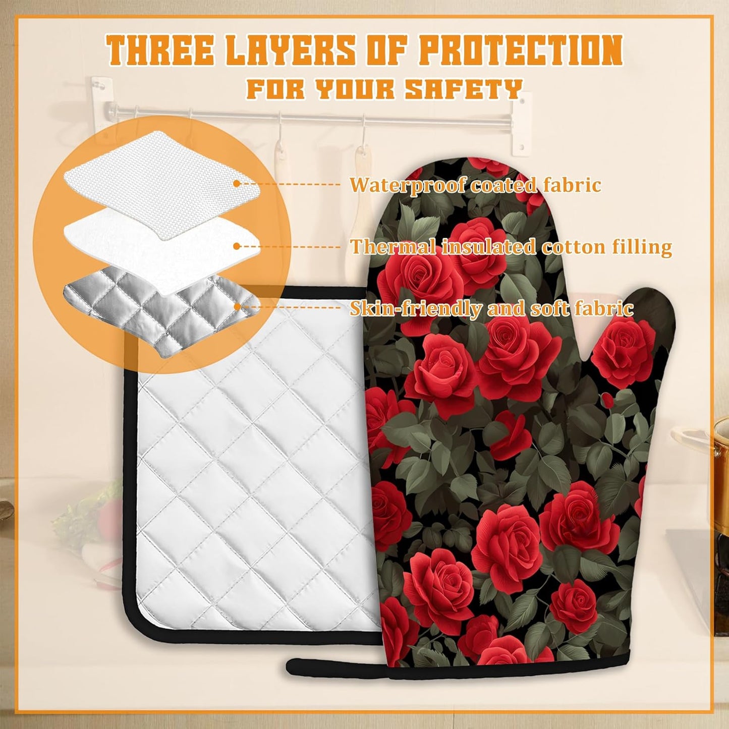 Red Rose Oven Mitts and Pot Holders Set,Kitchen Oven Gloves and Pot Holder with Heat Resistant Non Slip for Cooking Baking Grilling(4 Piece Set)