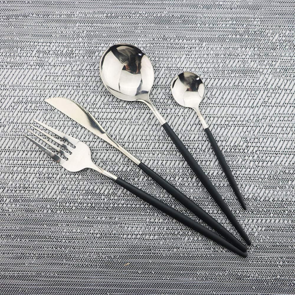 JASHII Black Silver Silverware Set, 20-Piece Stainless Steel Satin Finish Flatware, Kitchen Utensils, Mirror Polished Tableware Cutlery for Home and Restaurant, Dishwasher Safe