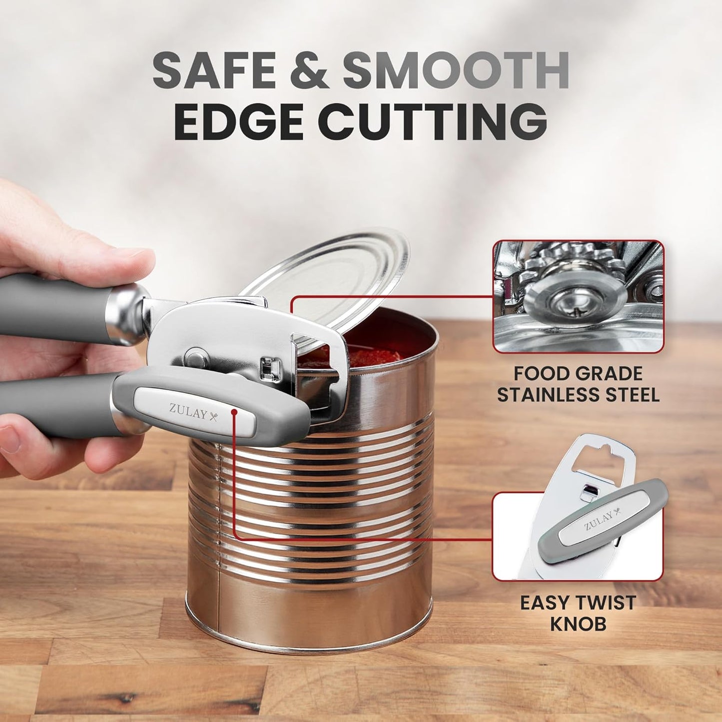 Zulay Kitchen Heavy Duty Stainless Steel Can Opener Manual with Bottle Opener - Rust Proof Manual Can Opener With Turn Knob & Comfy Soft Grip Handles - Light Gray
