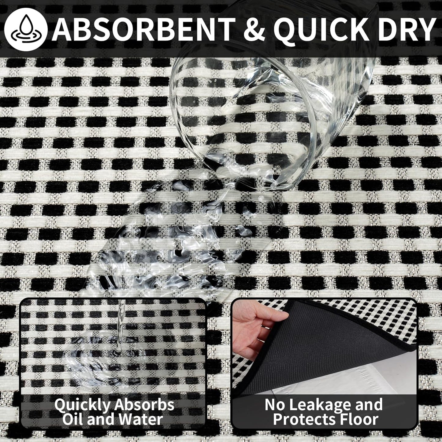 Kitchen Rugs Non Slip Washable, Rubber Backing Soft Chenille Braided Kitchen Mats for Floor, Super Absorbent Kitchen Runner Rug Standing Mat Sink Mat, Easy to Clean, Black 17"x47"