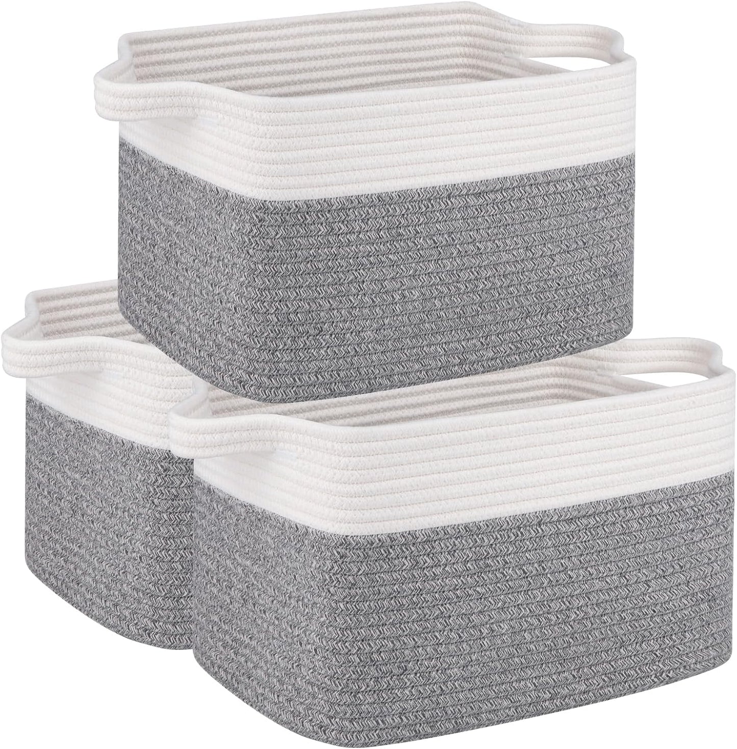 OIAHOMY 3 Pack Storage Basket for Organizing, 13''X9.85''X8.7'' Storage Bins,Woven Basket Basket with Handles, Toy Storage Basket Bin,Stylish Room Decor Basket, White & Grey variegated