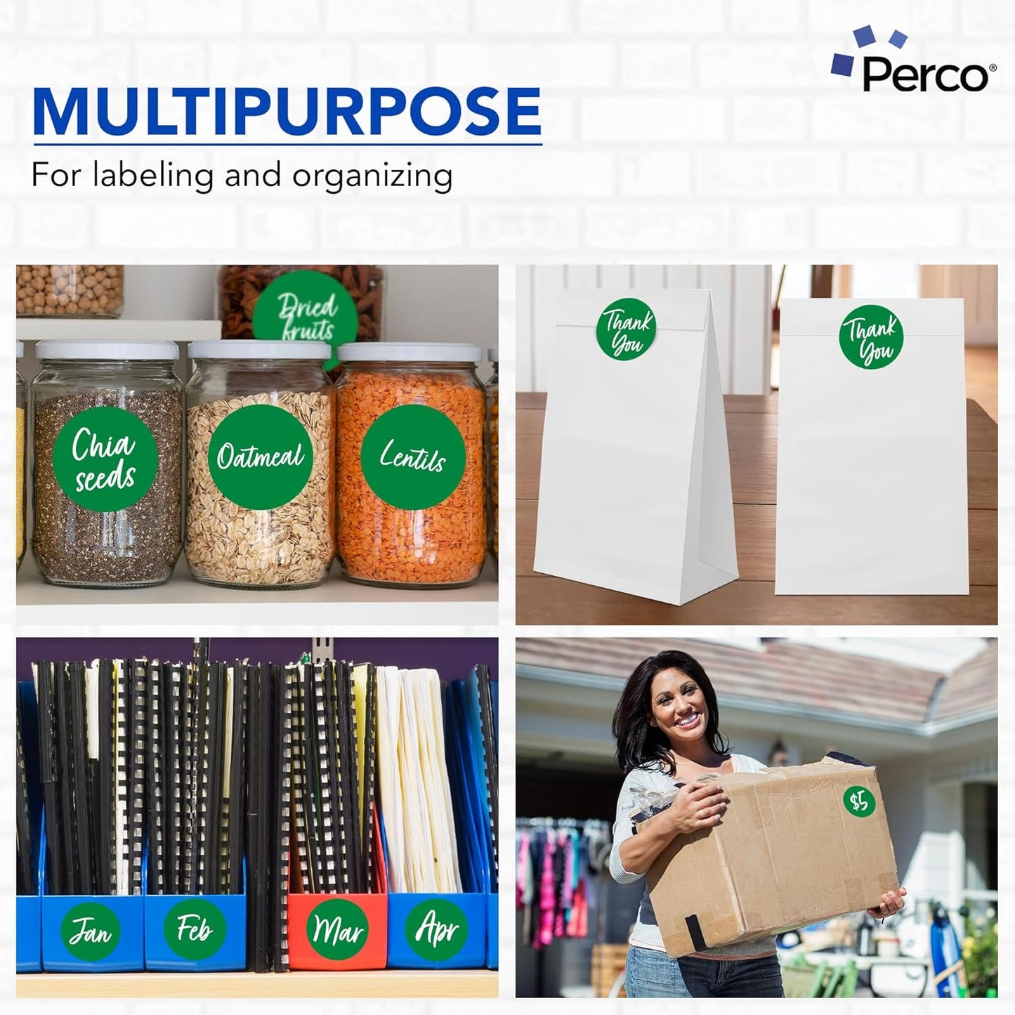 Perco Green 3-Inch Round Circle Dot Sticker Labels with Easy Peel Perforation - 500 Labels per Roll - Strong Adhesion, Vibrant Colors for Organizing, Crafting & More - Made in USA