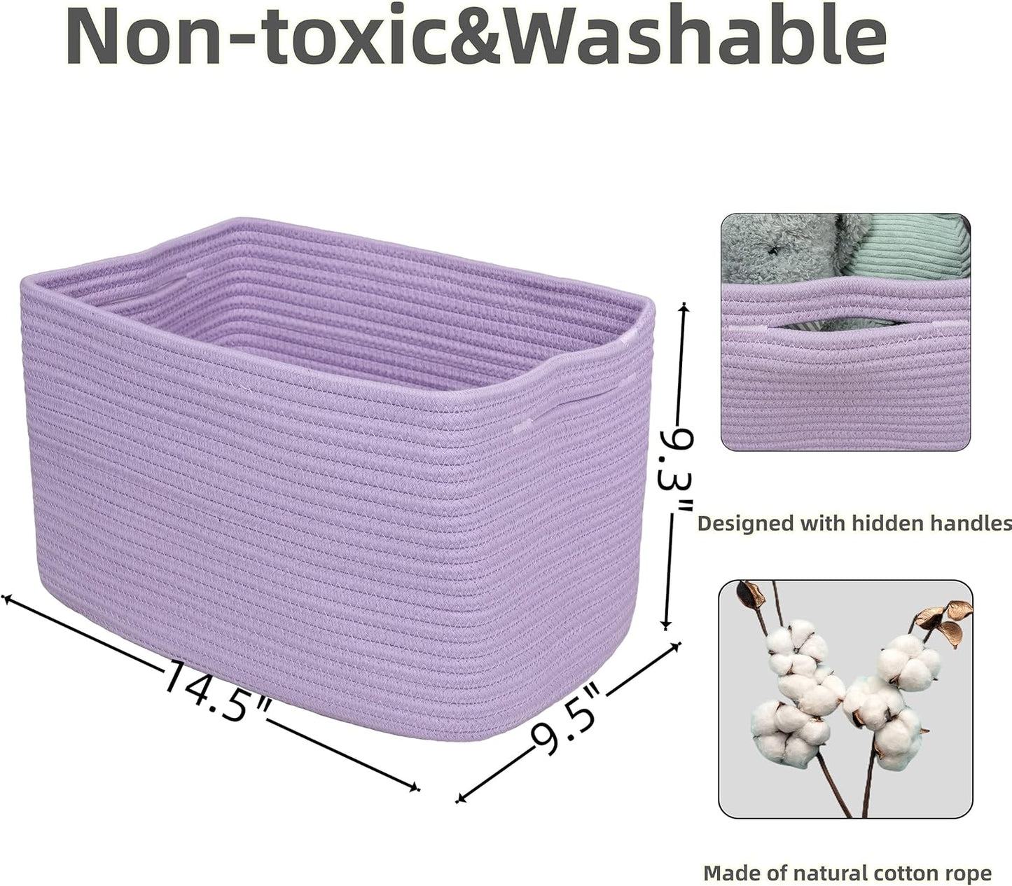 Cotton Rope storage Basket Bins Woven Basket for Organizing Shelves Rectangle Decorative Baskets For storage Clothes Toys Books Towels Square Wicker Nursery basket organizer 3 pack purple lavender