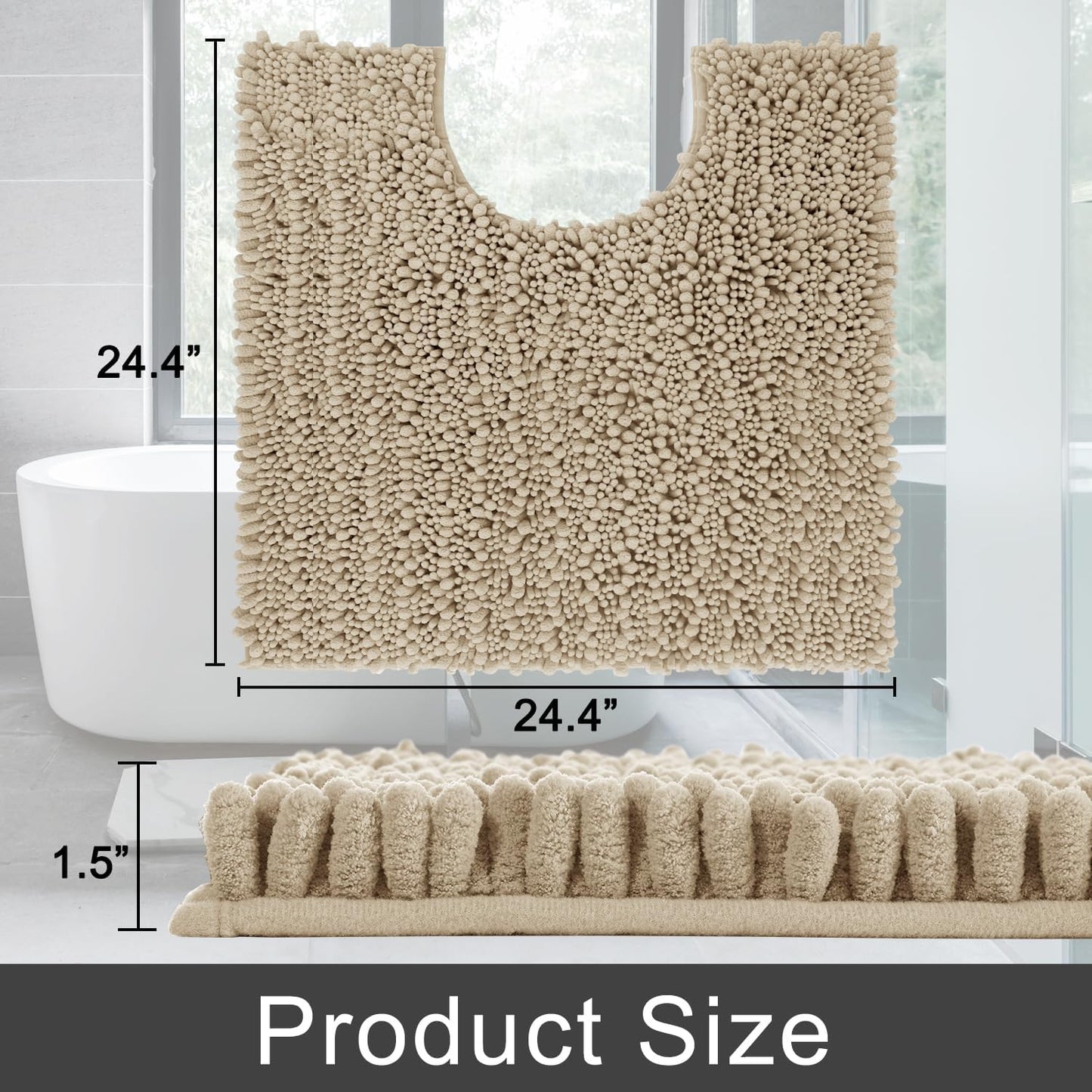Yimobra Toilet Rug U Shaped Washable 24x20 Inch - Ultra Soft Absorbent Chenille Bath Rugs for Toilet, Quick Dry & Machine Washable, Non Slip Contour Bathroom Mat, Pale Khaki