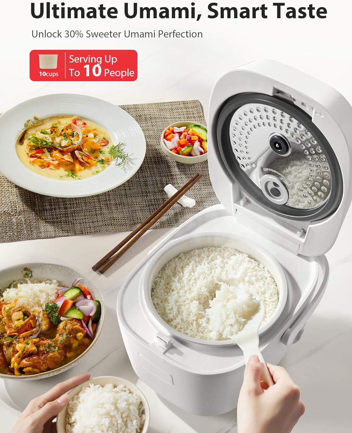 TOSHIBA Umami Smart Rice Cooker 10-Cup Uncooked, Fuzzy Logic, 15-in-1 Functions, Digital Display, Delay Timer, Keep Warm, Nonstick Inner Pot, White