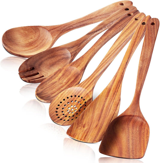 6 Pack Wooden Spoons For cooking – Heat-Resistant Premium Teak Wood Spatula with Comfort Grip, Lightweight Kitchen Cooking Utensils set, wood Spoon utensil Set Perfect for Non-Stick Cookware