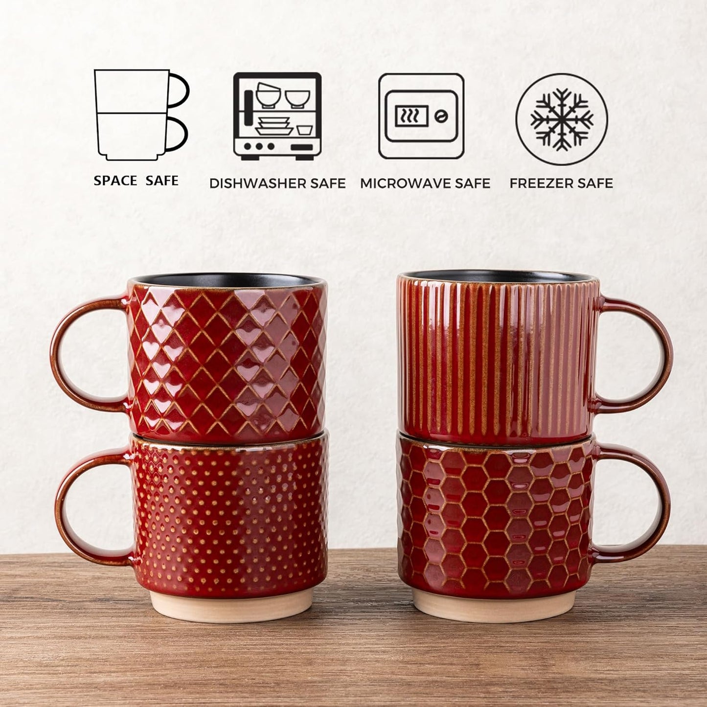 GBHOME 15OZ Stackable Coffee Mugs, Ceramic Coffee Cups with Texture Patterns for Man,Woman,Dad,Mom, Modern Coffee Mugs Set of 4 for Latte/Cappuccino/Cocoa. Dishwasher&Microwave Safe, Red