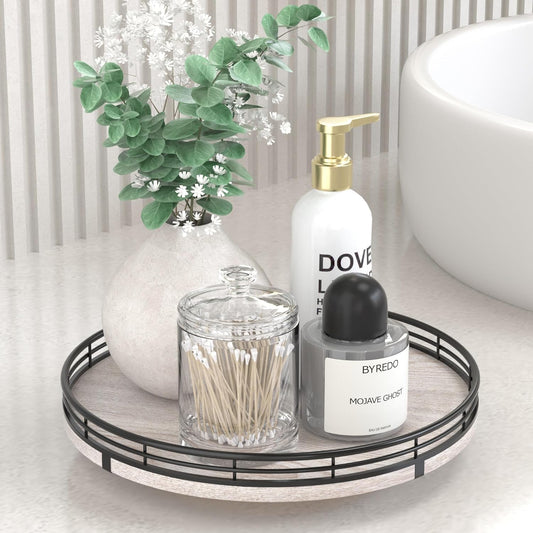 10" Oak Bathroom Vanity Tray Turntable for Perfume Candle, Round Wooden Decorative Tray for Kitchen Sink Countertop Organizer, Bathroom Counter Organizer for Skincare Makeup, Rustic White