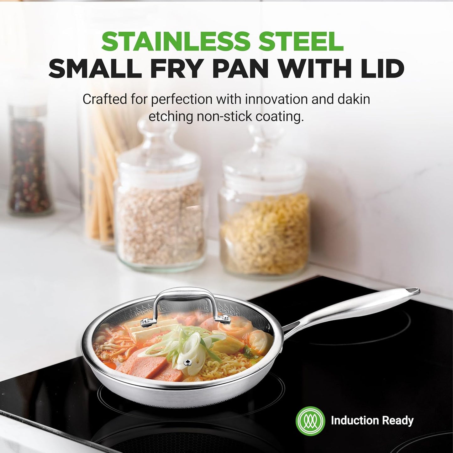 NutriChef 8" Stainless Steel Frying Pan - Triply Kitchenware Stir Fry Pan Kitchen Cookware w/DAKIN Etching Non-Stick Coating, Scratch-resistant Raised-up Honeycomb Fire Textured Pattern - NC3PL8