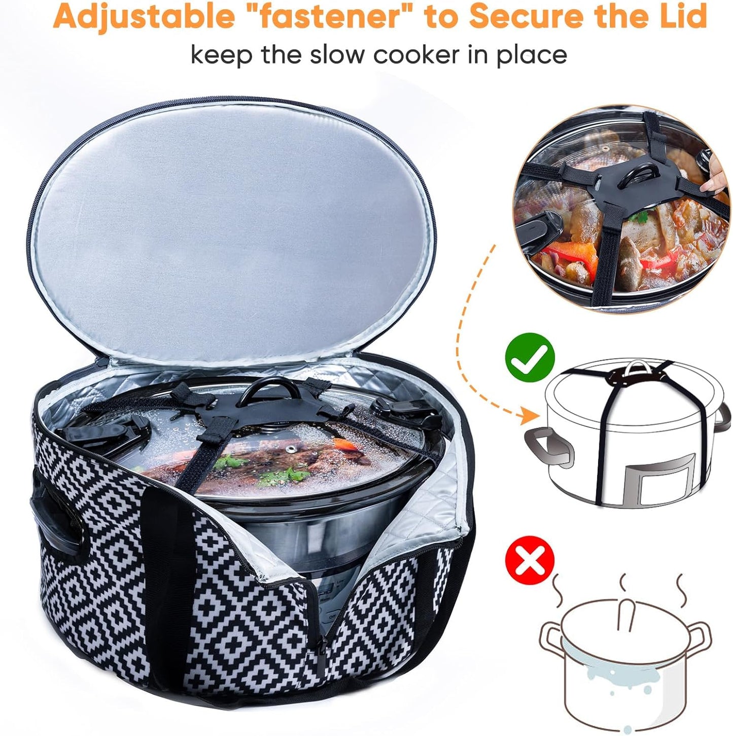 BAGSPRITE Double-layer Slow Cooker Carrying Case Compatible with 6-8 Quart Crockpot Carrier for Hot Food and Hamlton Beach Slow Cooker Tote with Lid Fastener for Crock-pot Dust Cover Applicances