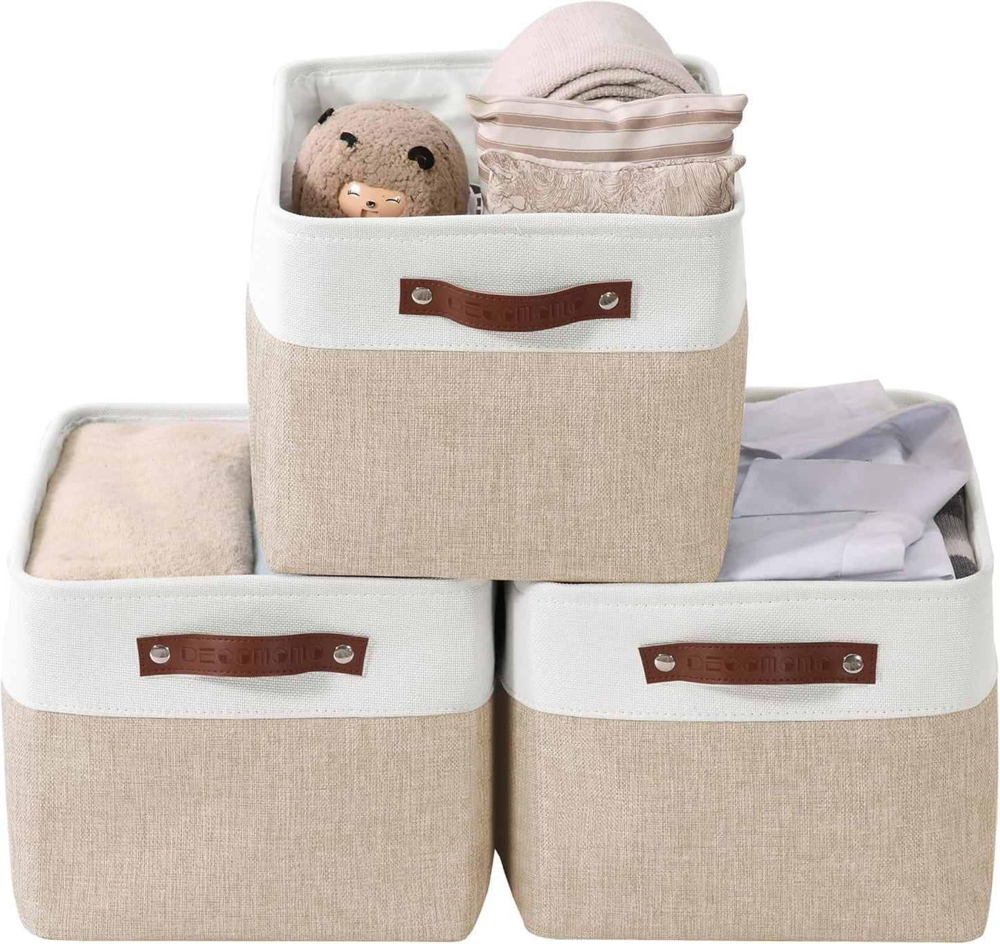 DECOMOMO Storage Baskets for Shelves - Fabric Storage Bins, Linen Closet Organizers and Storage (Beige & White, XL - 3 Pack)