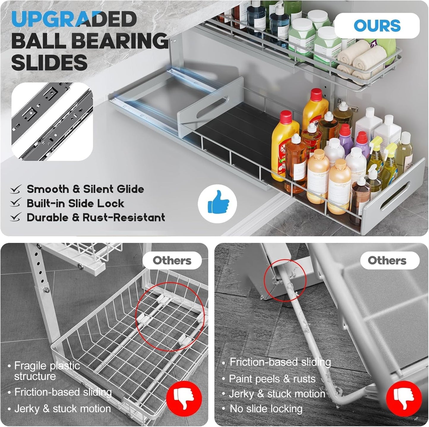 2 Pack 21 in Depth Pull Out Cabinet Storage with Smooth Rails,2-Tier Dual Pull Out Cabinet Storage for Bathroom Kitchen,Under Sink Shelf-Gun Gray