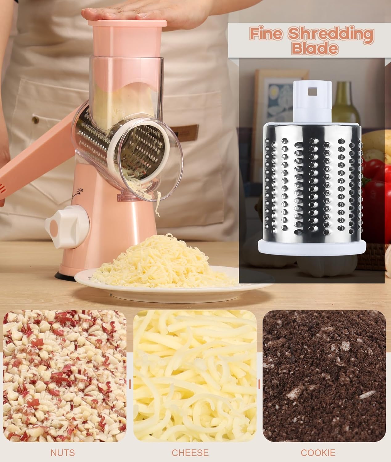 Ourokhome Rotary Cheese Grater Hand Crank, Kitchen Shredder Speed Mandolin Slicer Nuts Grinder with Handle and Drum Blades for Cheese, Vegetable, Walnuts, Chocolate, Potato, Carrot, 3 Blades, Pink