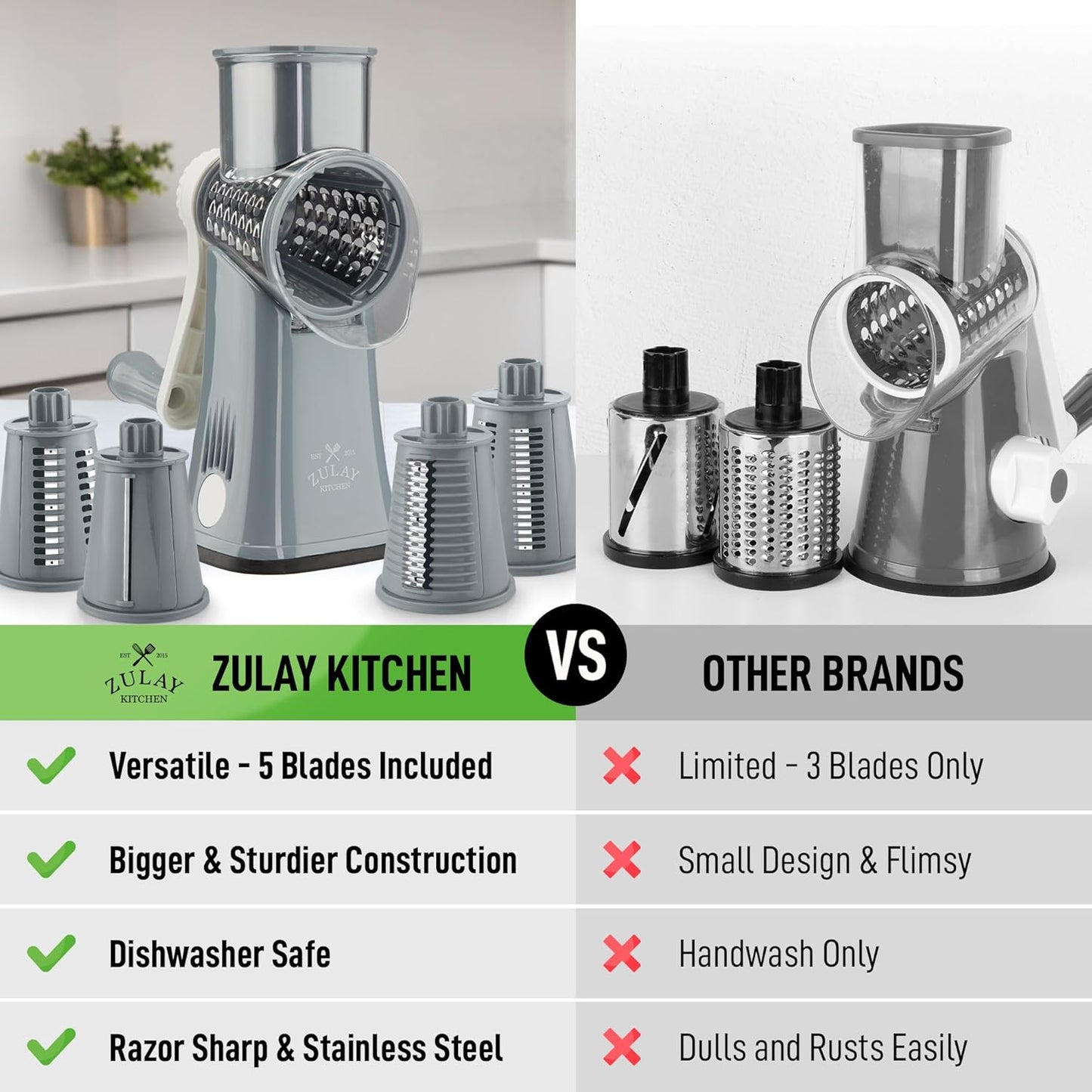 Zulay Kitchen Rotary Cheese Grater 5 Blade Cheese Shredder - Manual Hand Crank Cheese Grater With Reinforced Suction & 5 Interchangeable Drums - Easy to Use, Vegetable Chopper Round Mandoline Slicer