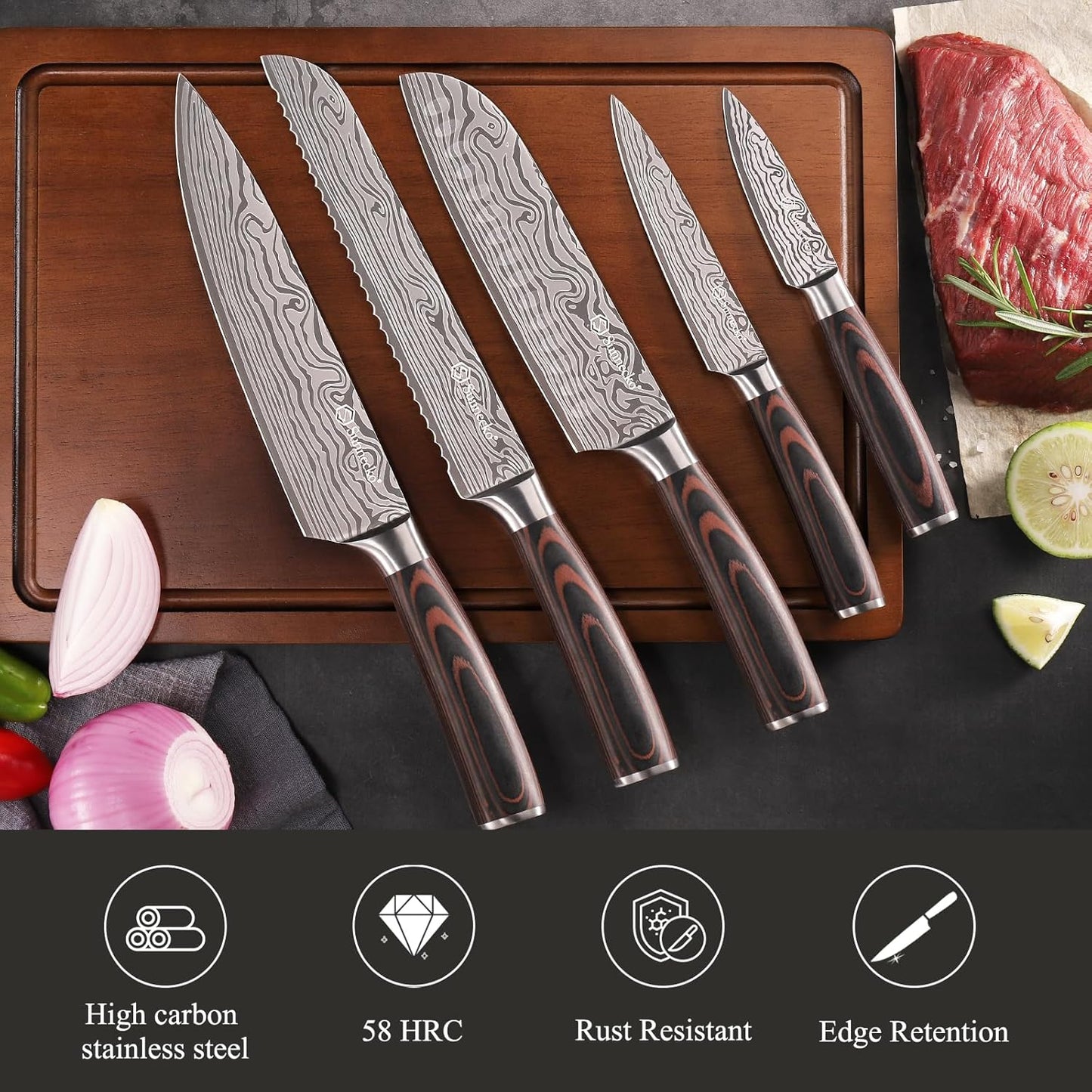 Sunnecko Kitchen Knife Set 5 Piece Chef Knife Set Professional High Carbon Stainless Steel, Sharp Kitchen Knives with Wooden Handle