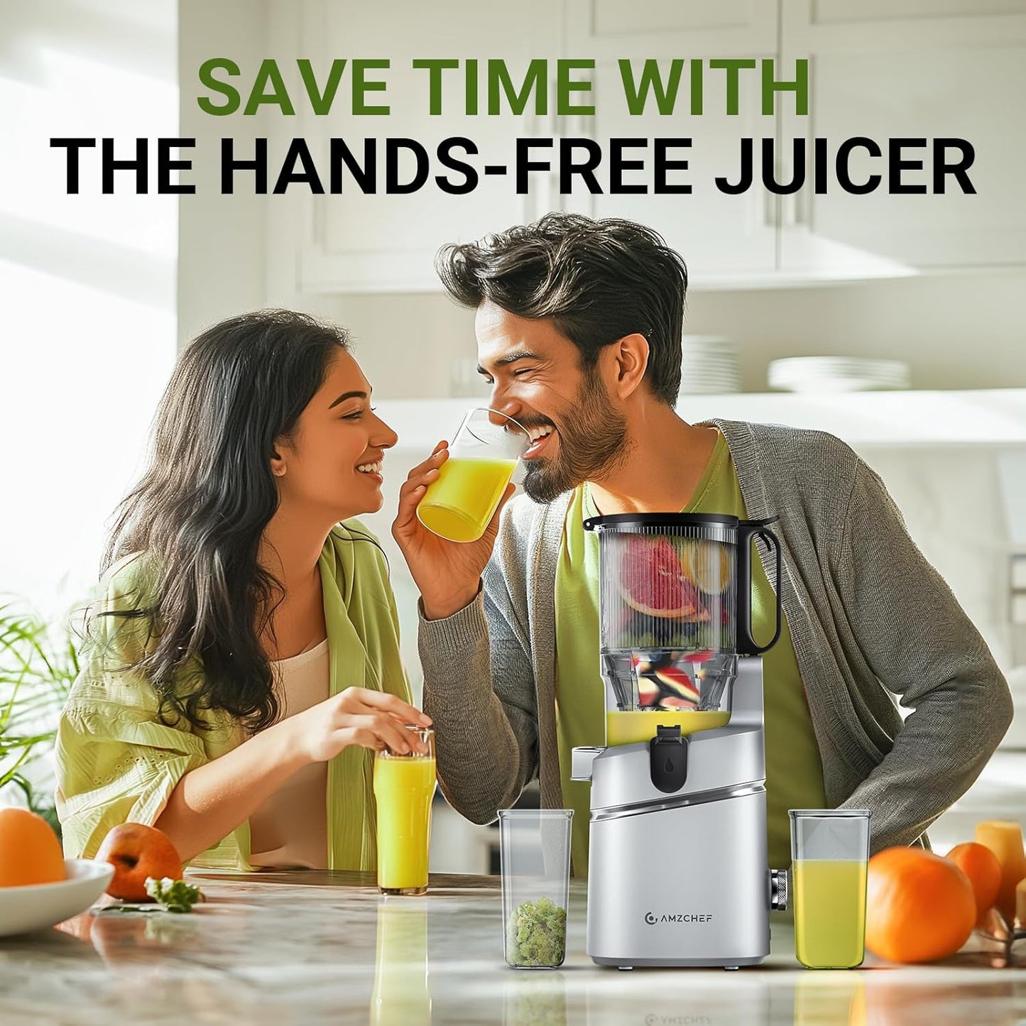 Juicer Machines, AMZCHEF 5.3-Inch Self-Feeding Masticating Juicer Fit Whole Fruits & Vegetables, Cold Press Electric Juicer Machines with High Juice Yield, Easy Cleaning, BPA Free, 250W-Silver