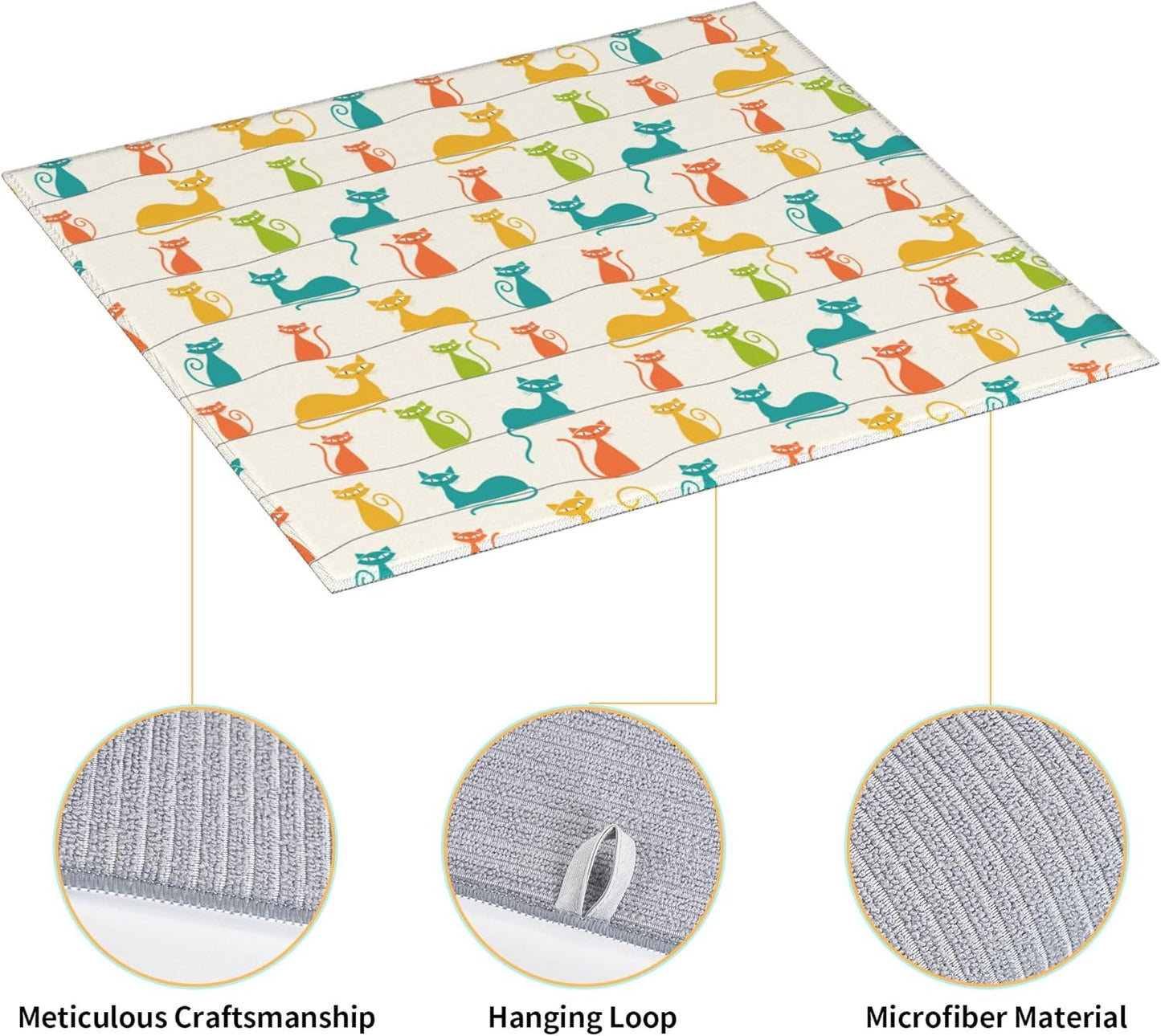 Mid Century Modern Cats Dish Drying Mat for Kitchen Counter Washable Absorbent Reversible Microfiber Cute Drying Pad Kitchen Accessories 16x18 Inch