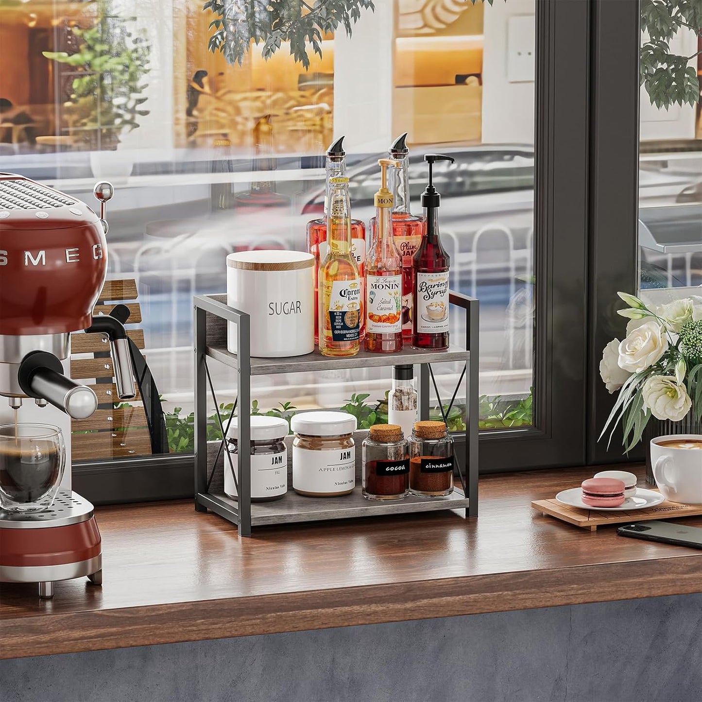 Giikin Countertop Shelf Organizer, 2 Tier Kitchen Spice Rack Organizer for Countertop, Wood Coffee Counter Shelf Organizer for Home (Grey, S)