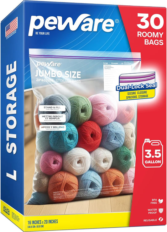 Large Storage Bags, 16"x20" Jumbo Plastic Bag, BPA Free, 3.5 Gallon XL Zipper Lock Baggies for Clothes Pillow Travel Moving - 30 Roomy Bags