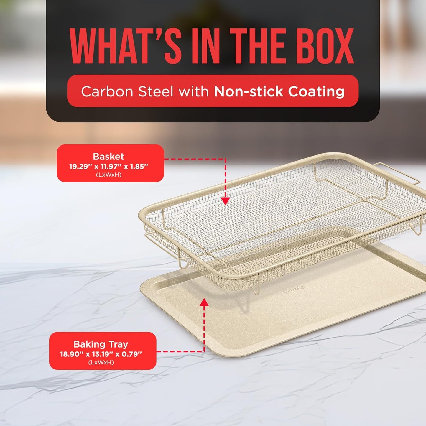 Bakken-Swiss Crisper Tray White marble Coating - 2-Piece Set, Non-Stick Basket Design for Healthier Cooking in Regular Ovens - Make Great Crispy Food, Bacon and More, Extra Large Size 19" x 13"