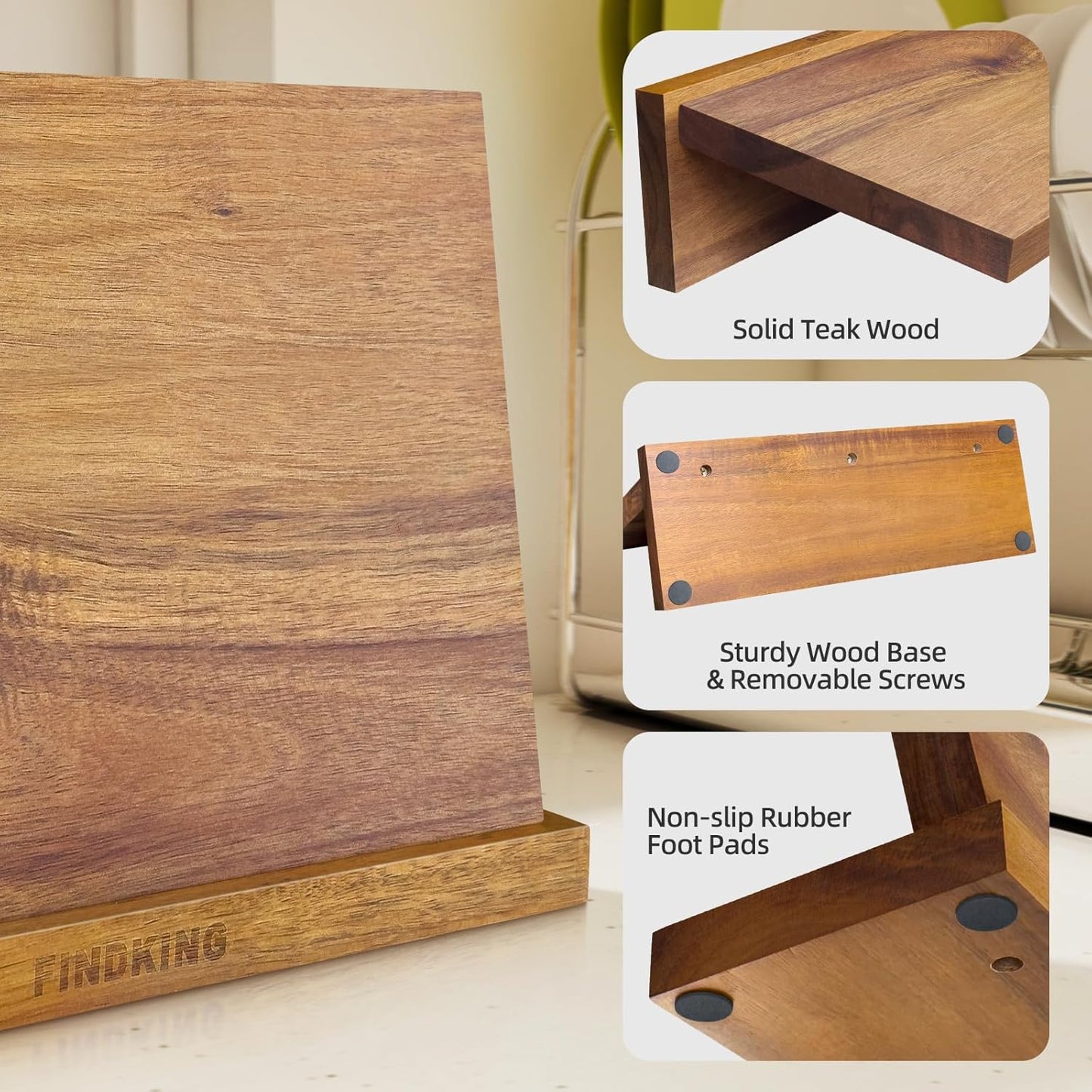 FINDKING Magnetic Knife Block, Teak Wood Utensils Holder, Strong Magnet Stand for Kitchen Counter (10.8 x 8 Inches, Without Knives)