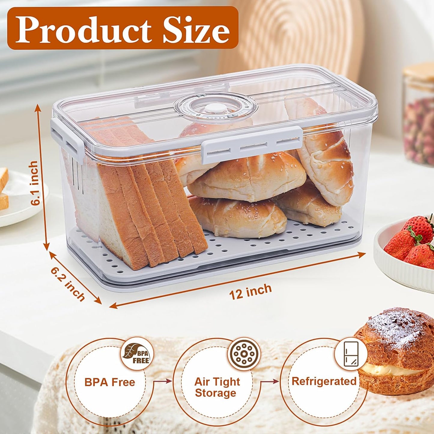 Bread Box for Homemade Bread Boxes for Kitchen Counter Airtight, Time Recording Bread Storage Container with Lid, Bread Containers Storage Airtight Loaf Bread Keeper, White