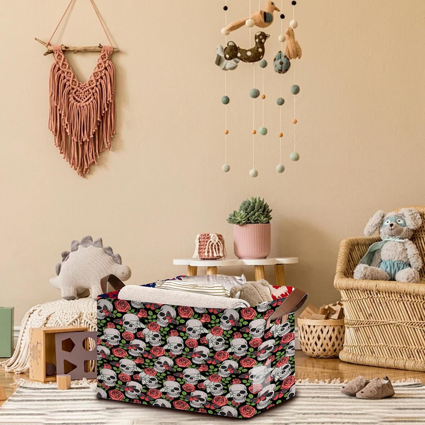 Skull Flower Pattern Collapsible Storage Bin-17x11.5x10.5 Inch Foldable Organizer for Halloween Decor, Gothic Room, Under Bed Storage-Single Pack