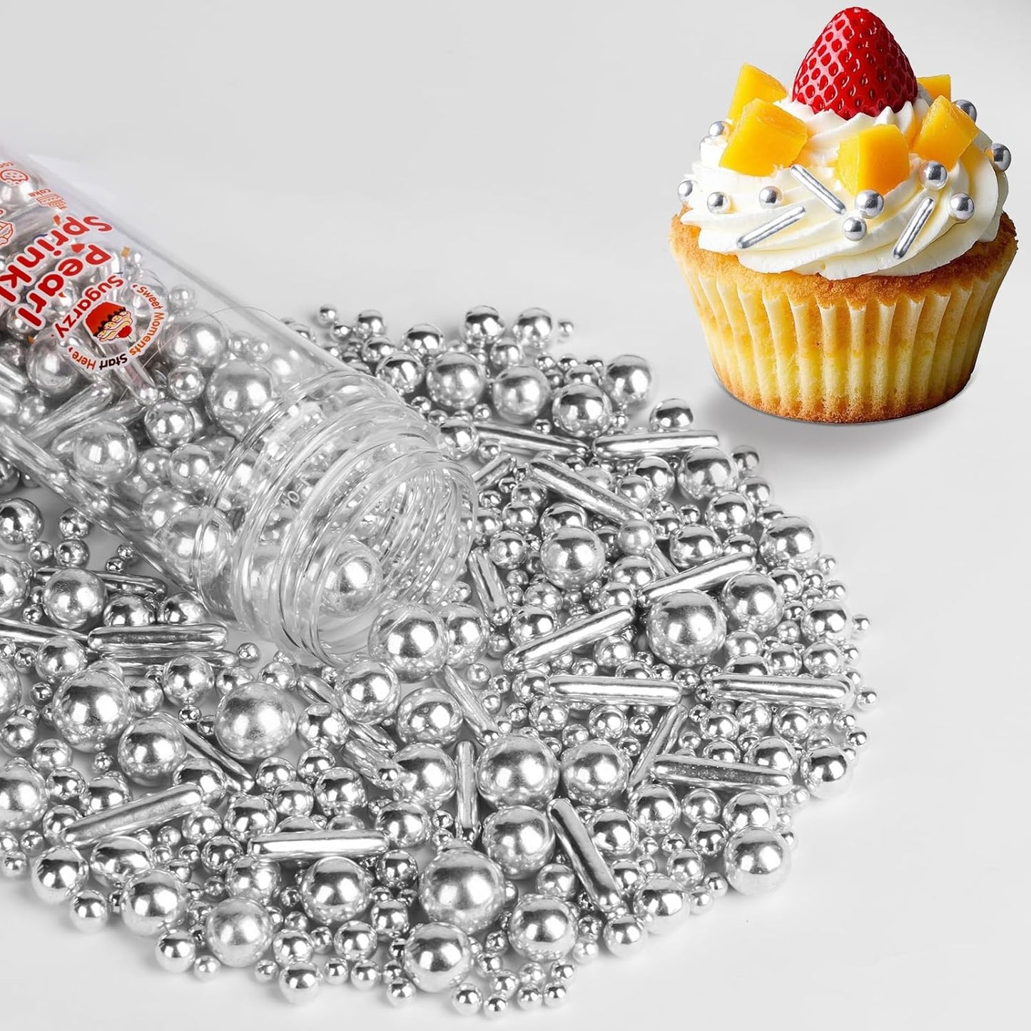 Silver Pearl Sprinkles,Edible Rods Pearl Sprinkles Mix Size,130g/4.58oz,Baking Edible Cake Decorations,Cupcake Toppers,Cookie Decorating Donuts Ice Cream,Holiday,Birthday Wedding Party,Valentines Christmas Supplies