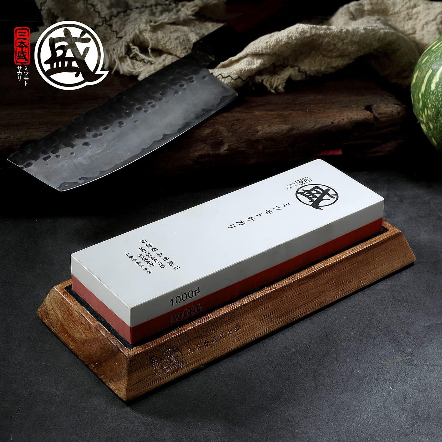MITSUMOTO SAKARI Japanese Knife Sharpening Stone, Professional Double-Sided Whetstone 1000/3000 Grit, Kitchen Knife Sharpener Stones with Non-Slip Wooden Seat