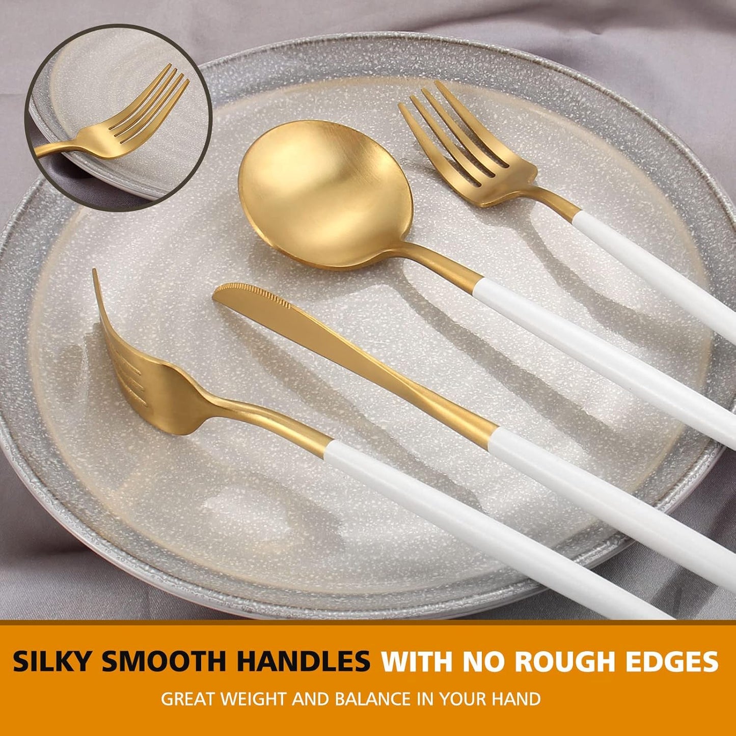 Matte White Gold Silverware Set, Oliviola 40-Piece Stainless Steel Flatware Cutlery Set Service for 8, Satin Finish Kitchen Utensil Set, Dishwasher Safe